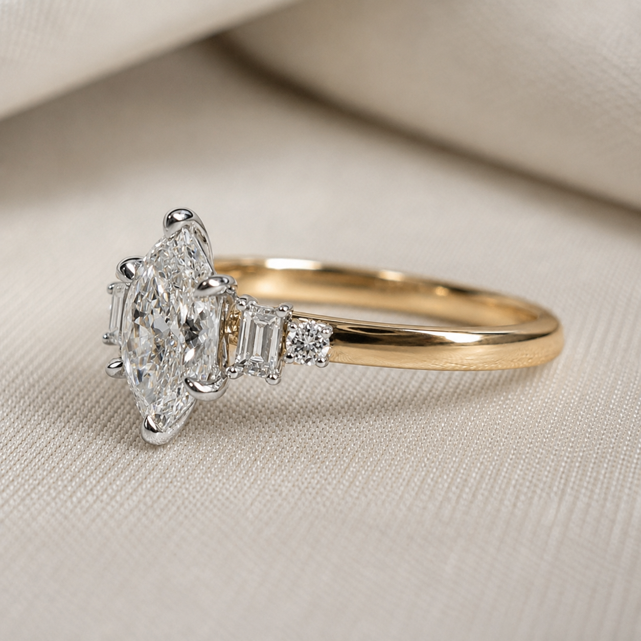 Dutch Marquise Hexagonal Lab Grown Diamond Engagement Ring Baguette & Round Side Stone