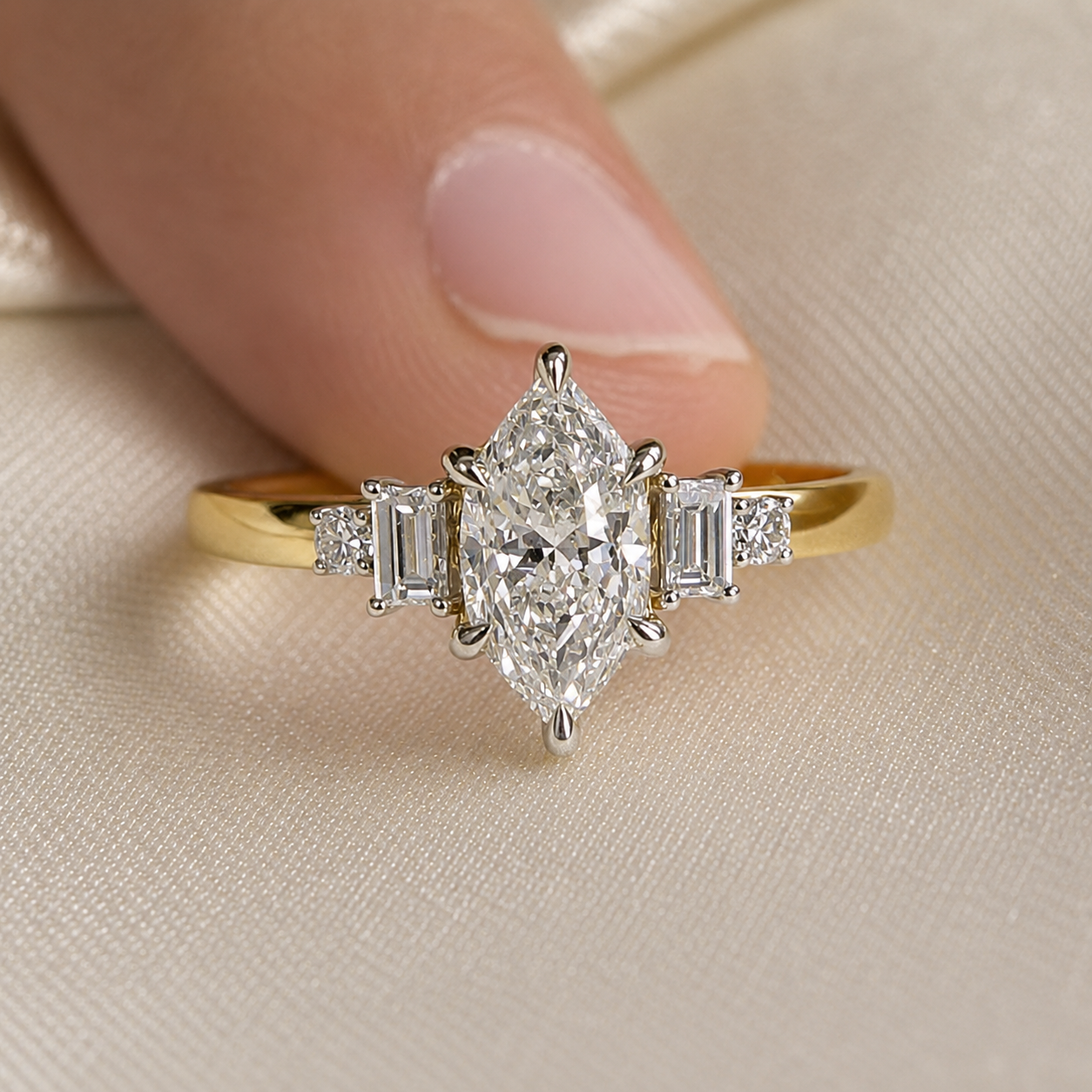 Dutch Marquise Hexagonal Lab Grown Diamond Engagement Ring Baguette & Round Side Stone