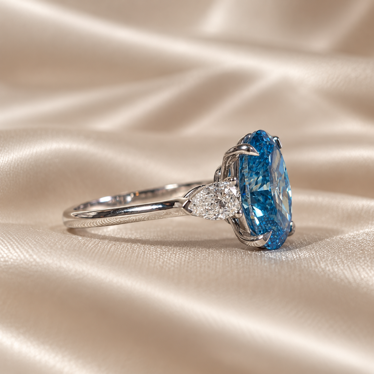 Blue Oval Lab Grown Diamond Pear Side Stones Three Stone Bridal Engagement Ring