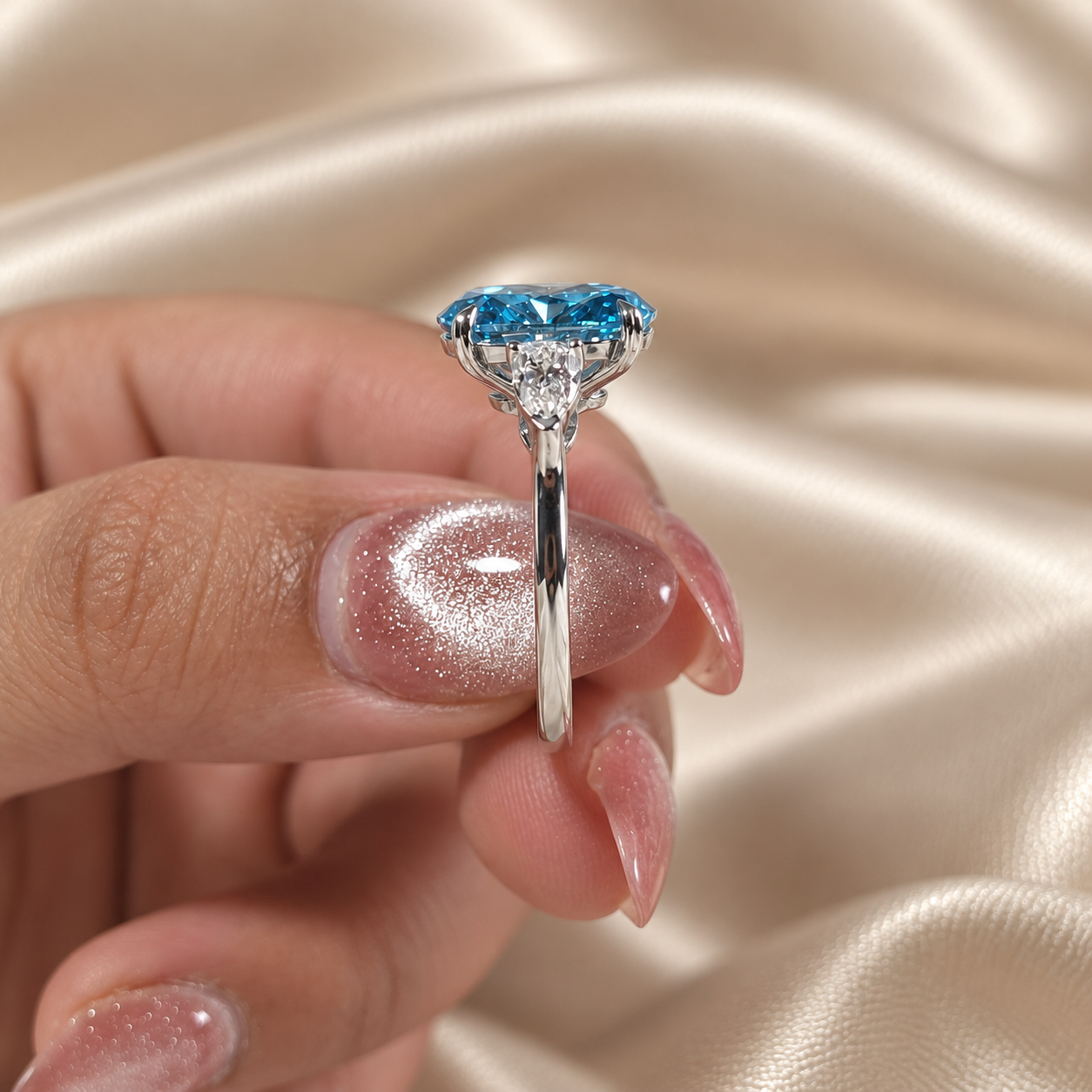 Blue Oval Lab Grown Diamond Pear Side Stones Three Stone Bridal Engagement Ring