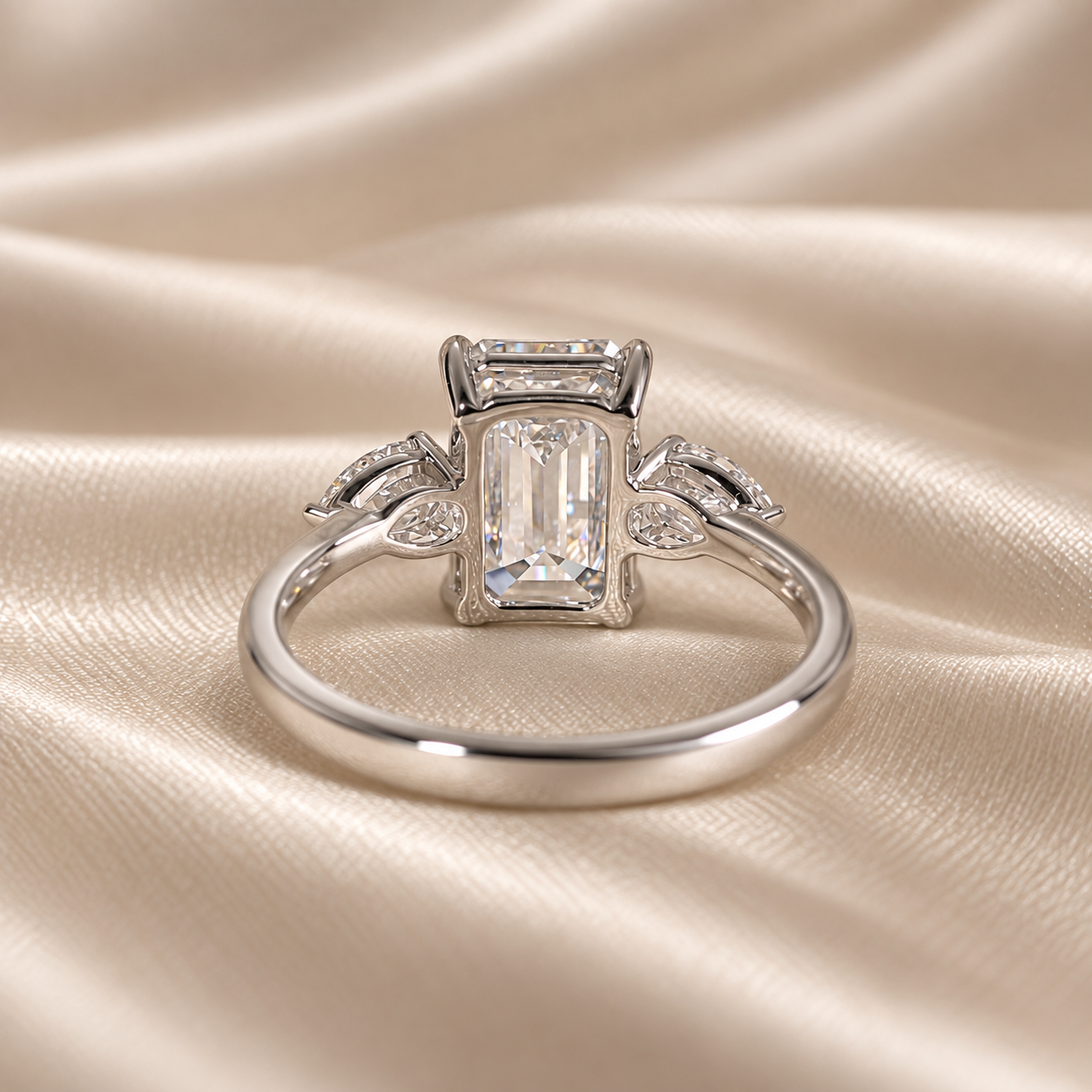 Emerald Lab Grown Diamond Engagement Ring Pear Side Stones Three Stone Bridal Ring