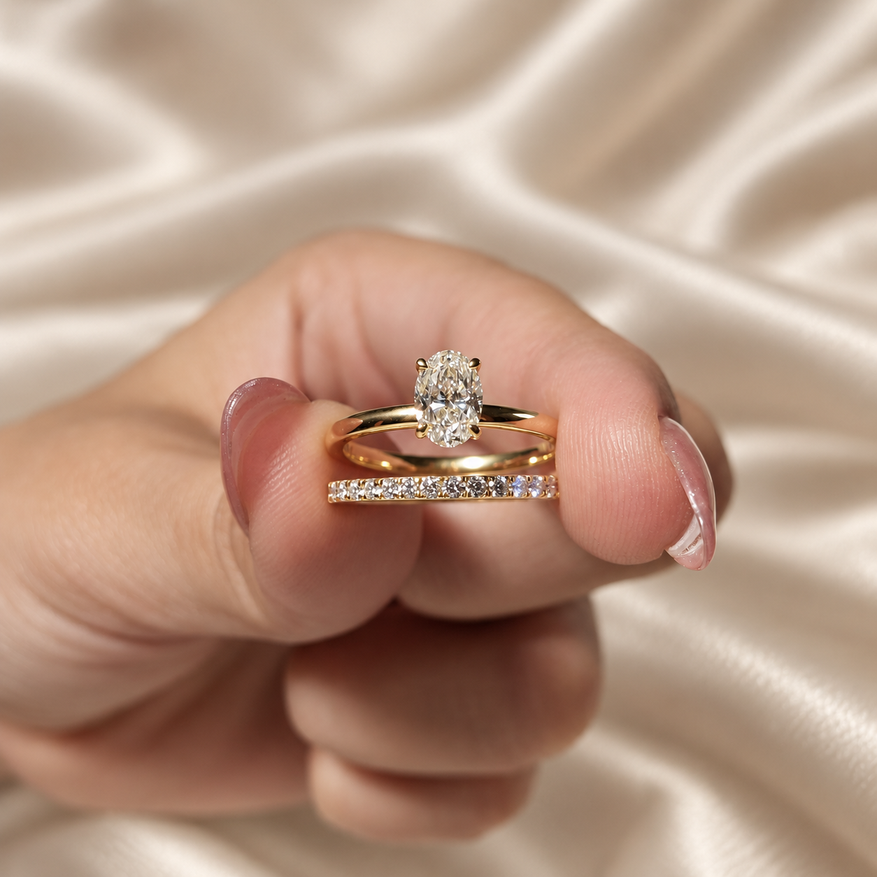 Oval Lab Grown Diamond Solitaire Engagement Ring Diamond Band Bridal Ring Set