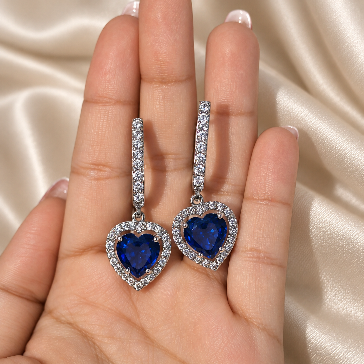 Blue Heart Gemstone Drop Earring Round Lab Grown Diamond Halo Dangle Earring