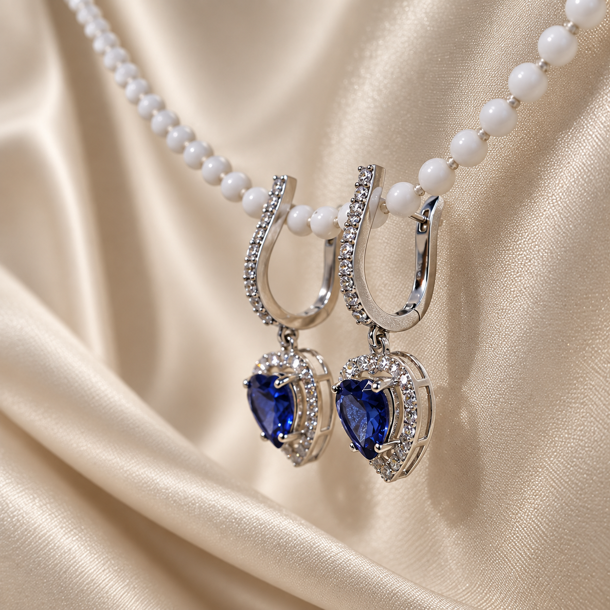 Blue Heart Gemstone Drop Earring Round Lab Grown Diamond Halo Dangle Earring