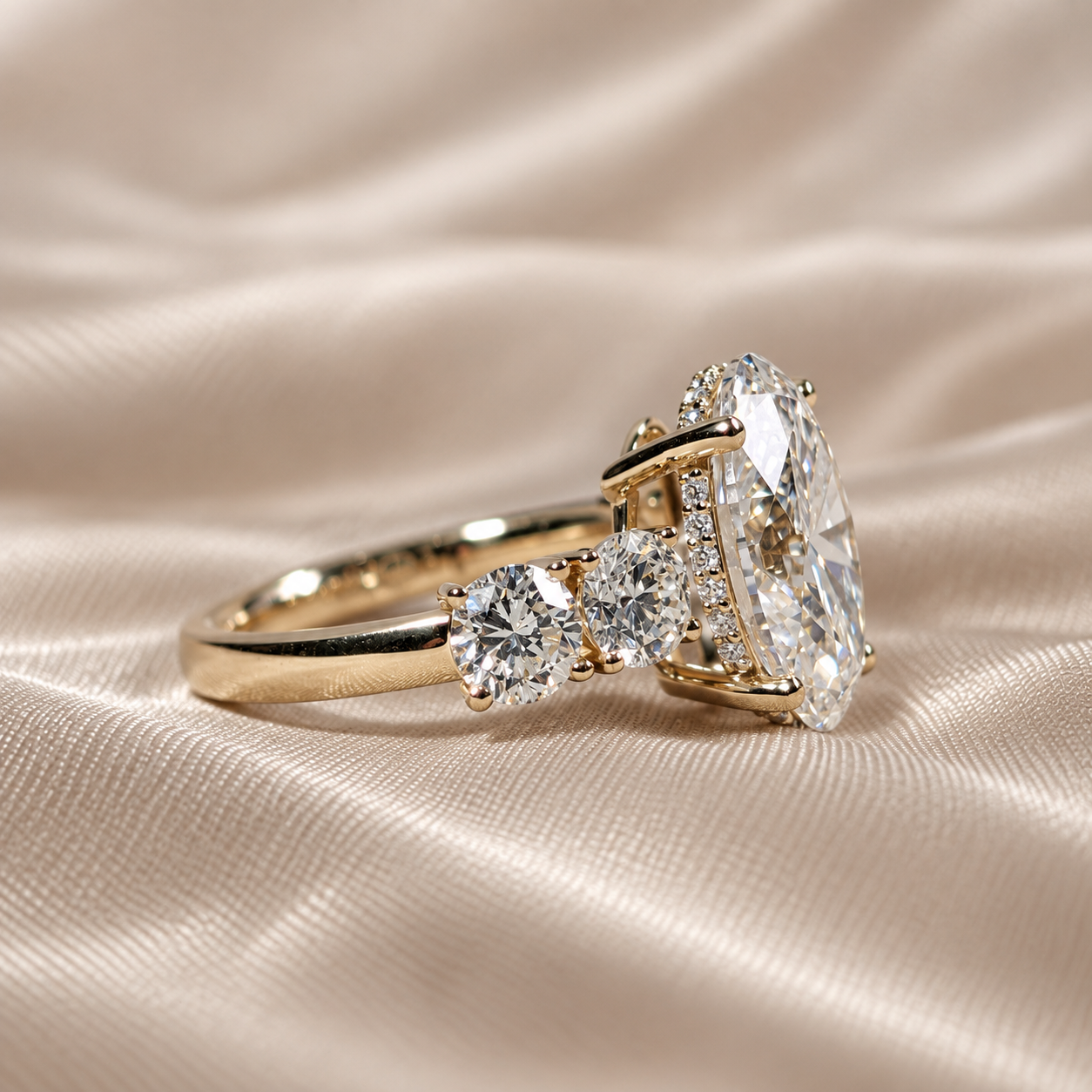 Oval Lab Grown Diamond Sparkling Three Stone Engagement Ring Classic Diamond Band Bridal Ring