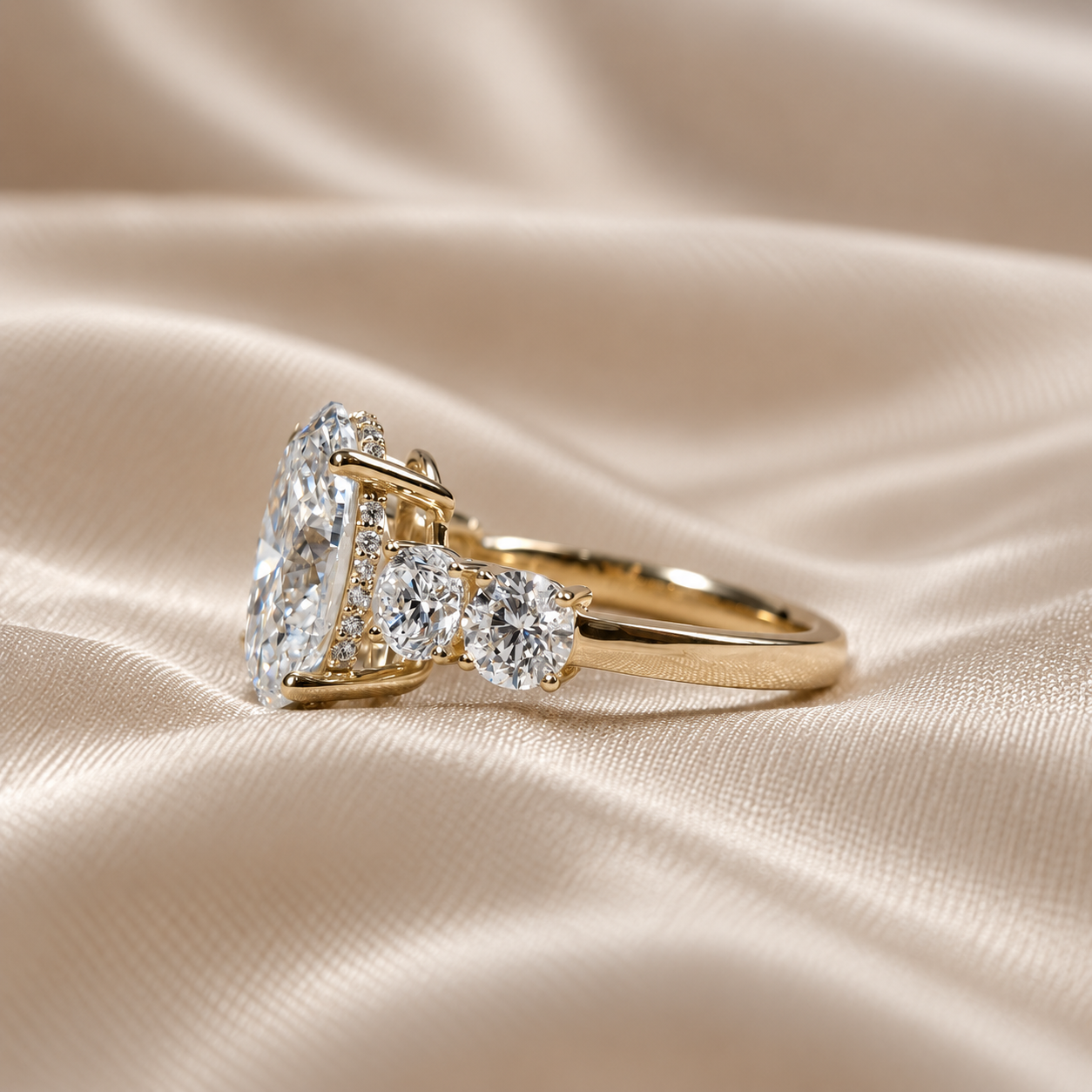 Oval Lab Grown Diamond Sparkling Three Stone Engagement Ring Classic Diamond Band Bridal Ring