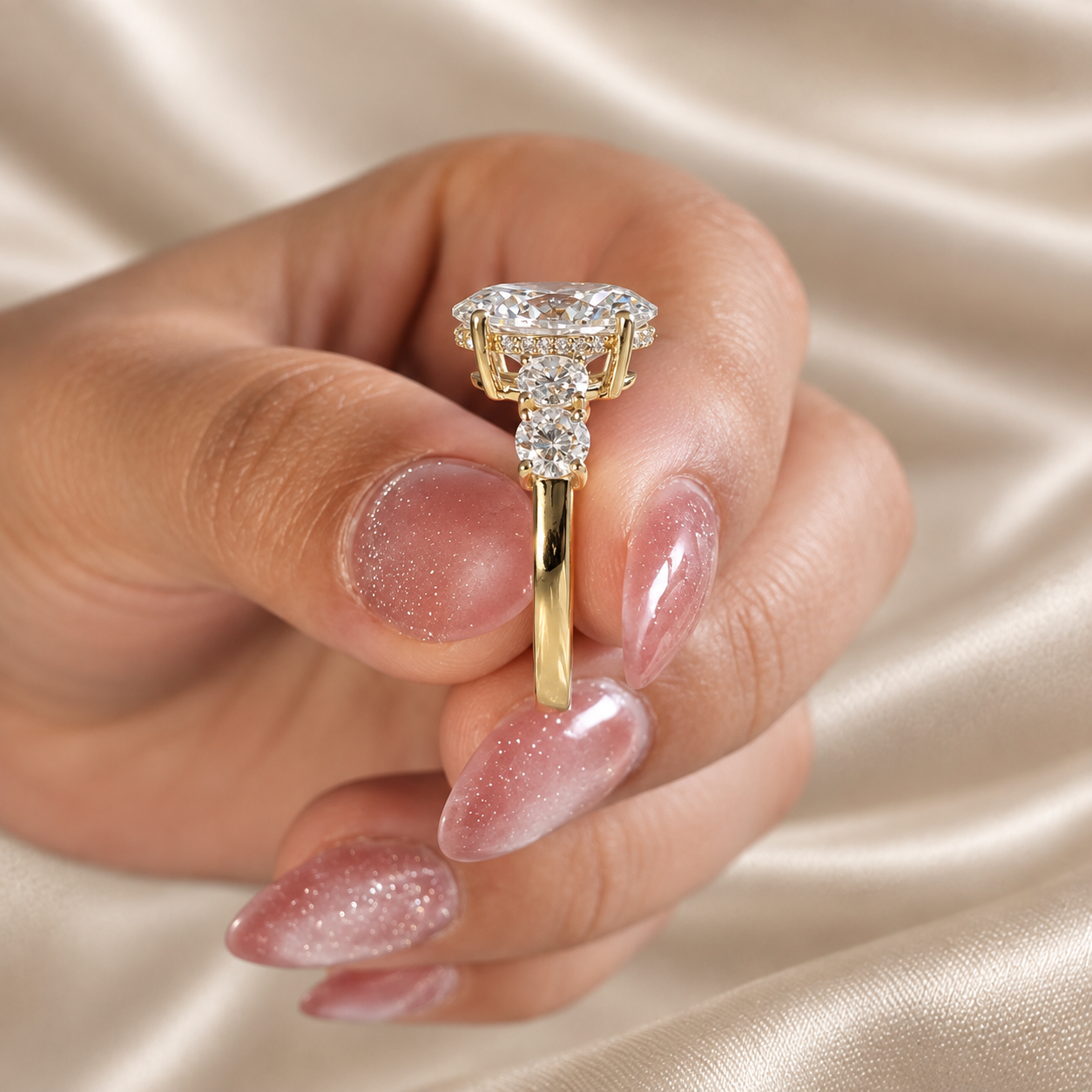 Oval Lab Grown Diamond Sparkling Three Stone Engagement Ring Classic Diamond Band Bridal Ring