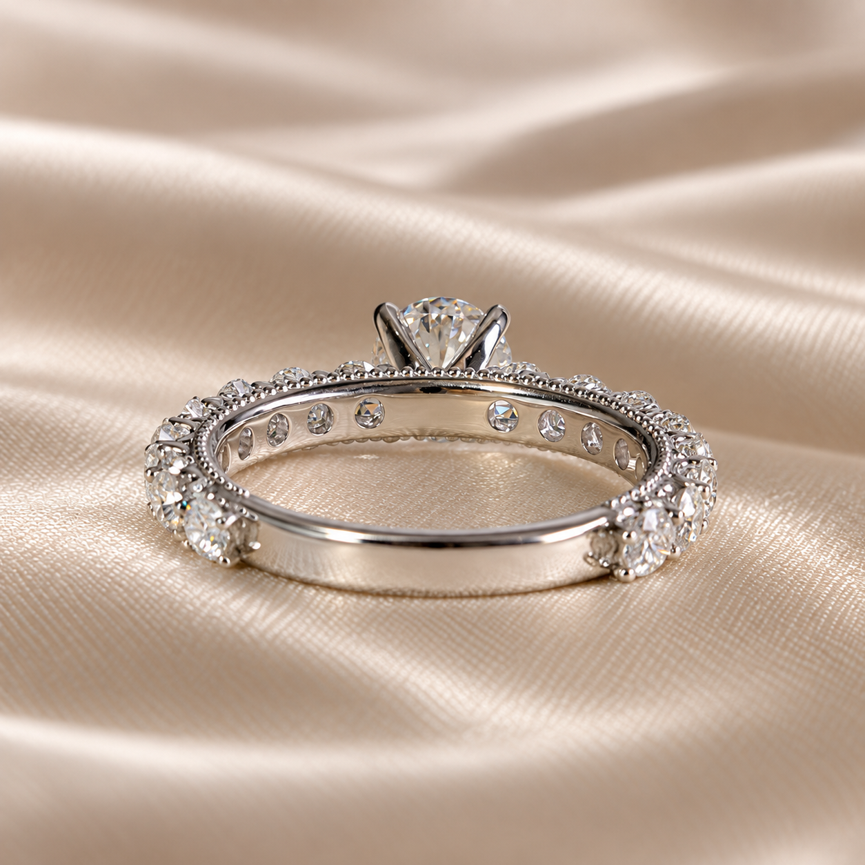 Round Lab Grown Diamond Engagement Ring Sparkling Diamond Pave Band Solitaire Bridal Ring
