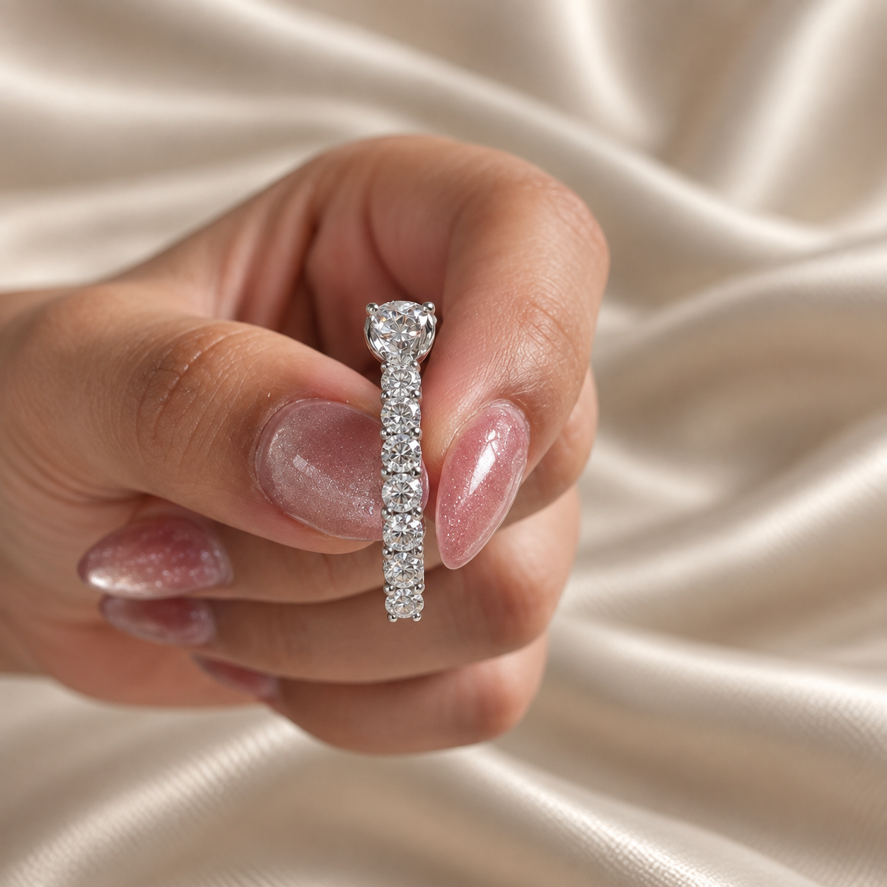 Round Lab Grown Diamond Engagement Ring Sparkling Diamond Pave Band Solitaire Bridal Ring
