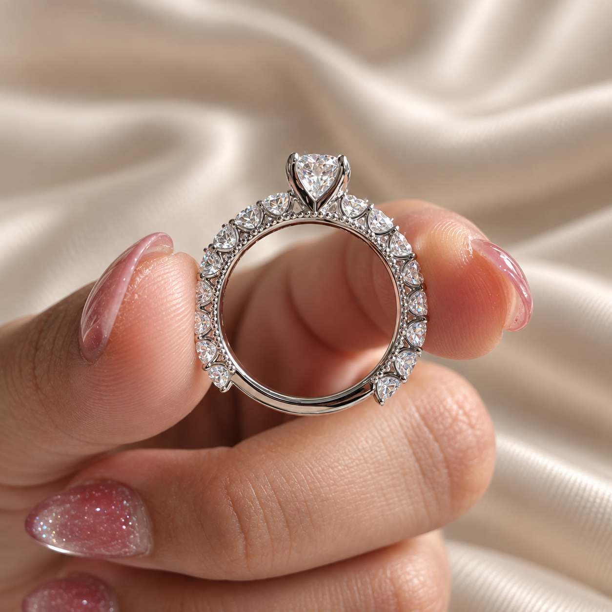 Round Lab Grown Diamond Engagement Ring Sparkling Diamond Pave Band Solitaire Bridal Ring