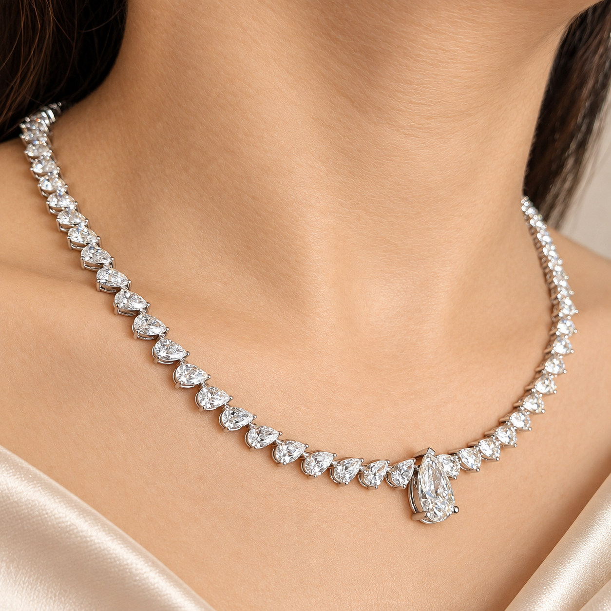 Pear Lab Grown Diamond Necklace Pear Drop Pendant Tennis Style Bridal Elegant Jewelry