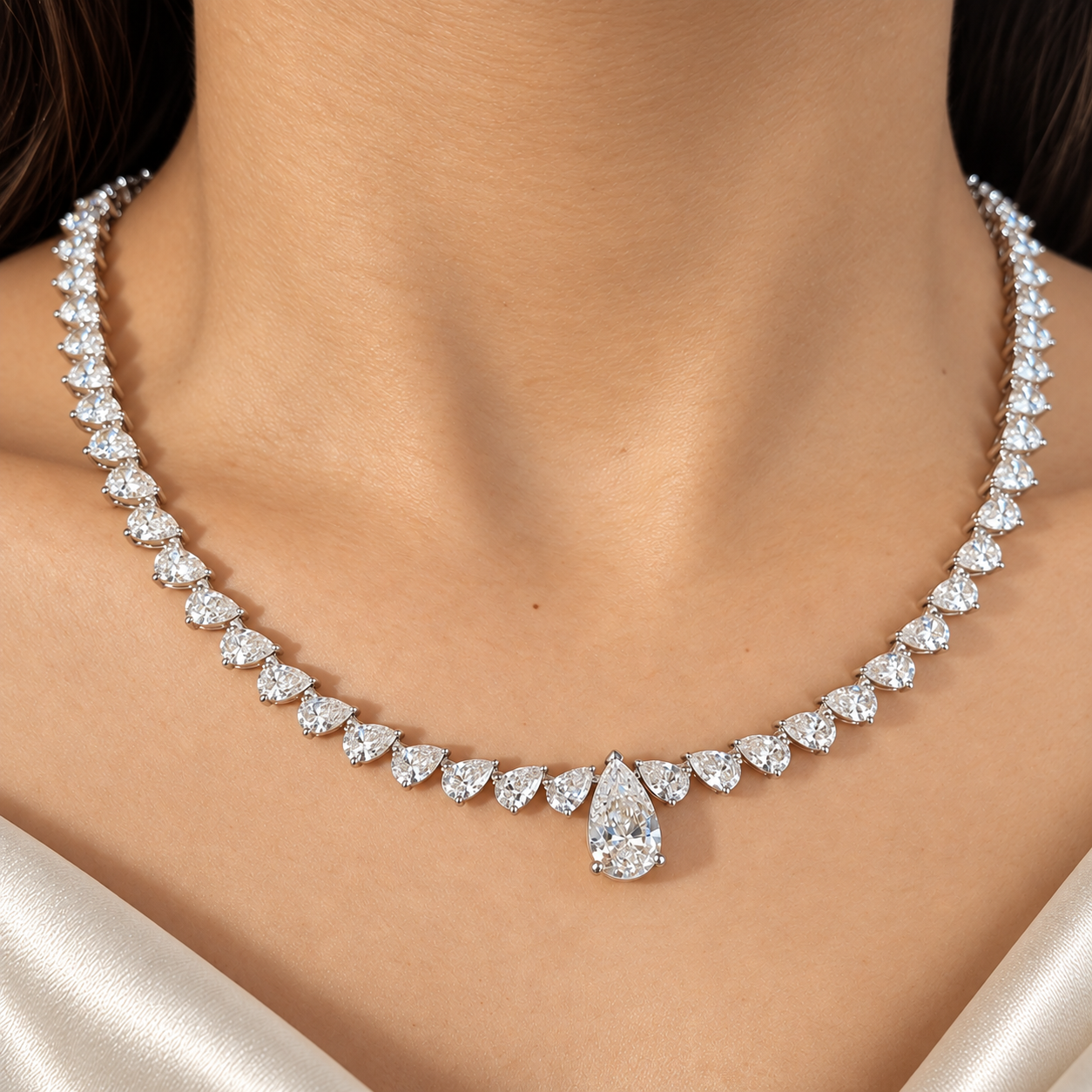 Pear Lab Grown Diamond Necklace Pear Drop Pendant Tennis Style Bridal Elegant Jewelry