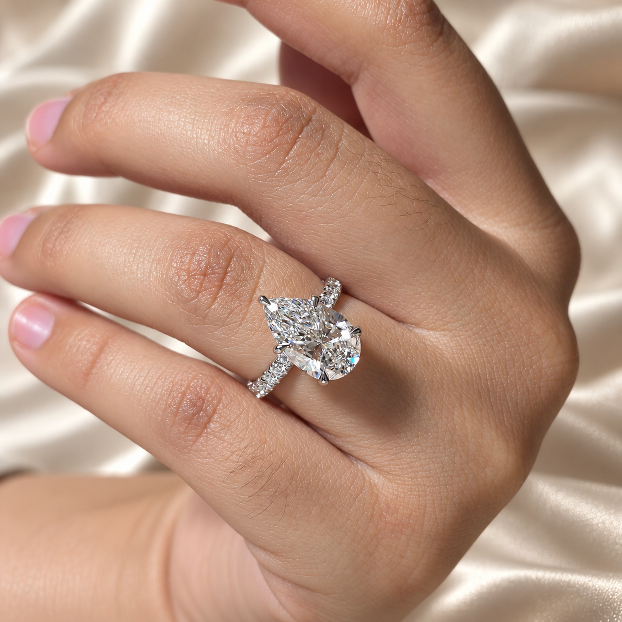 Pear Lab Grown Diamond Engagement Ring Pave Band Elegant Solitaire Bridal Custom Jewelry
