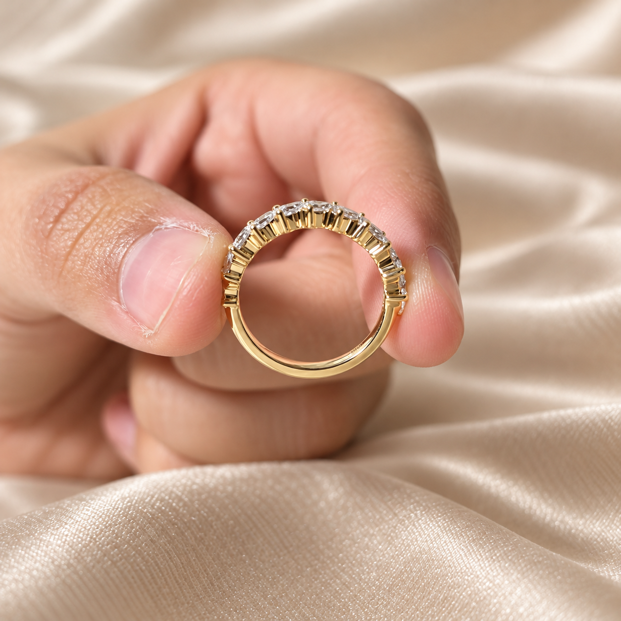 Pear Lab Grown Diamond Wedding Band Yellow Gold Band Elegant Minimalist Half Eternity Band