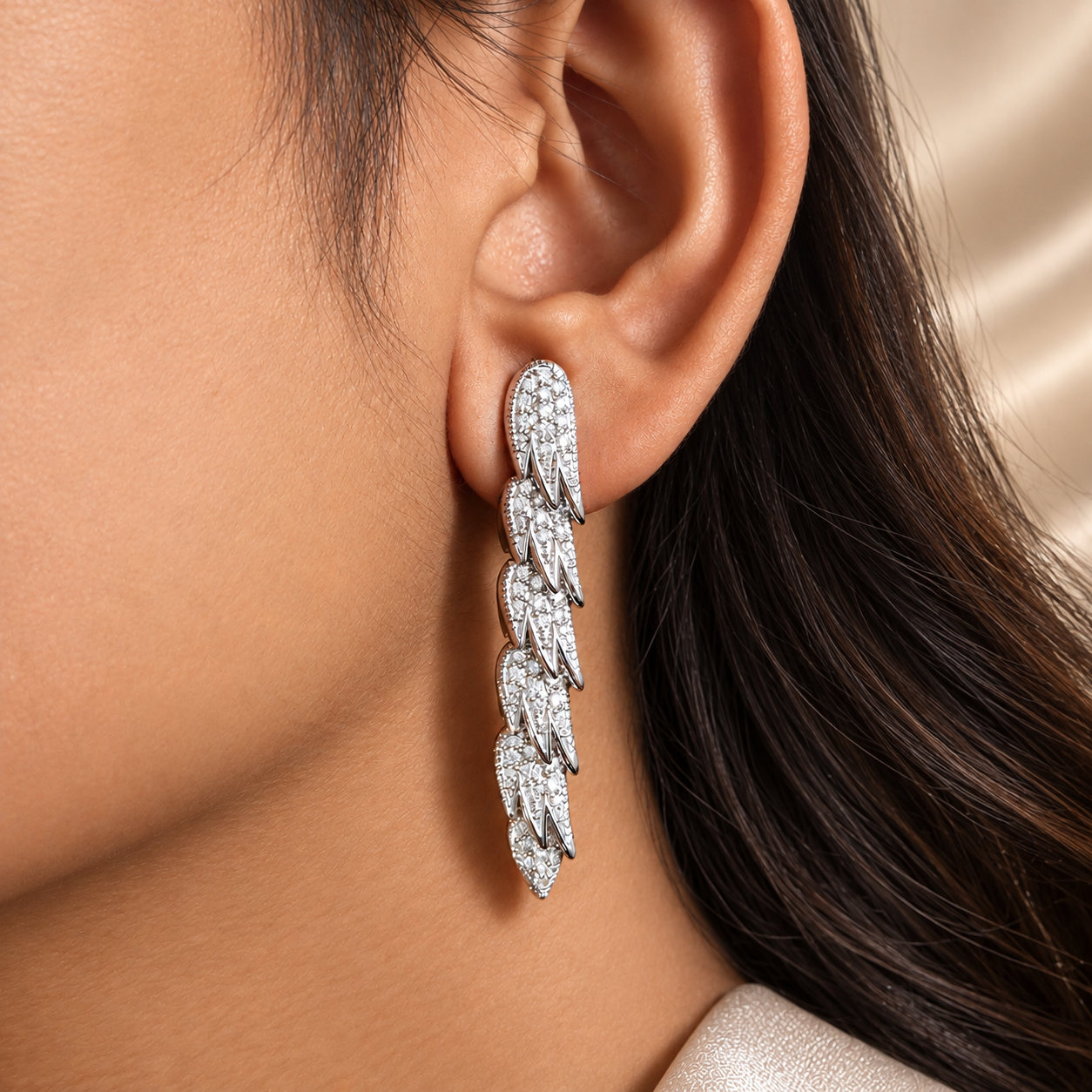 Round Lab Grown Diamond Feather Drop Earrings Elegant Pavé Statement custom Jewelry