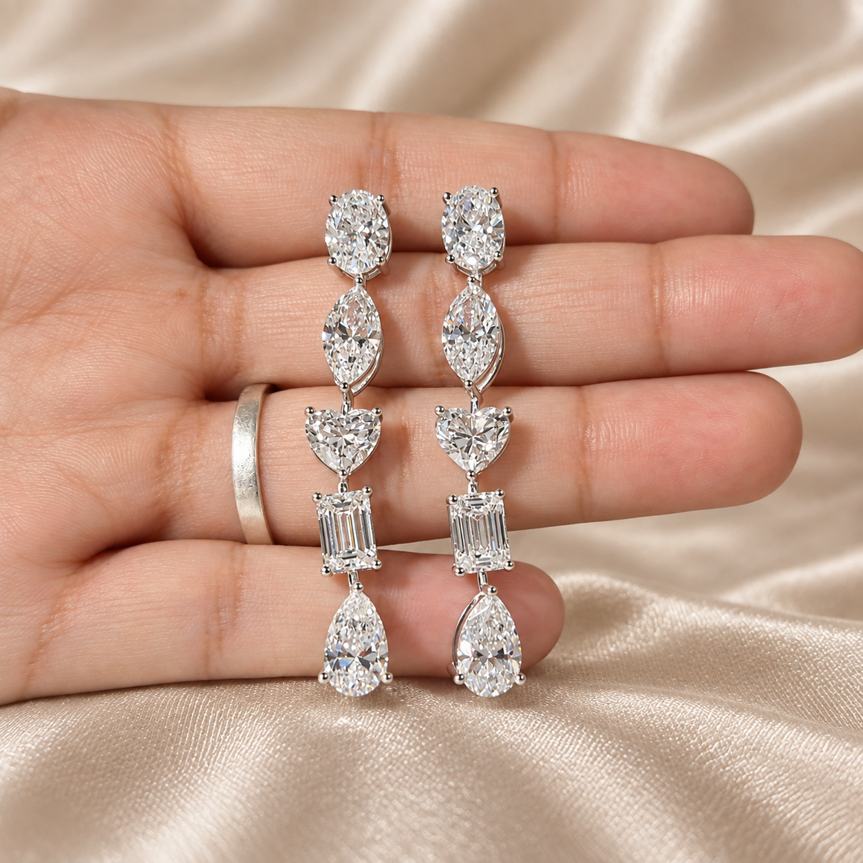 Multi shape Lab Grown Diamond Drop Earrings Mixed Cut Bridal Earrings Long Statement Jewelry