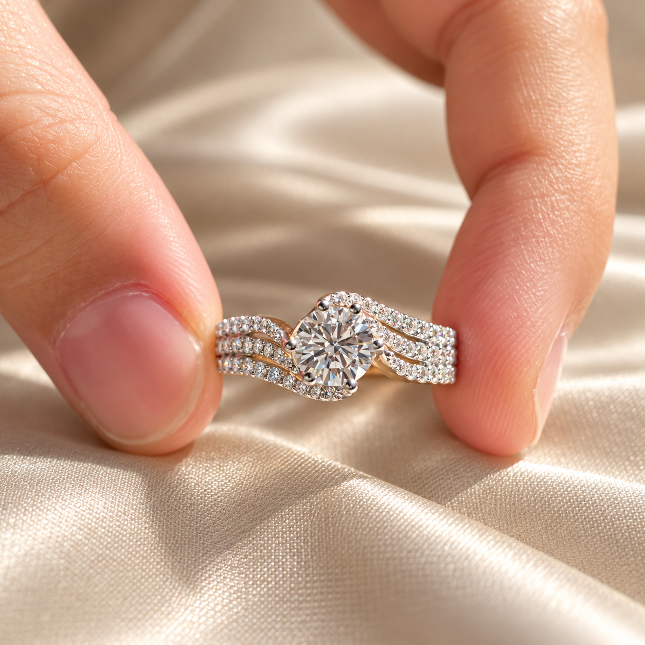 Round Lab Grown Diamond Twist Engagement Crossover Ring Elegant Pavé Bridal Ring