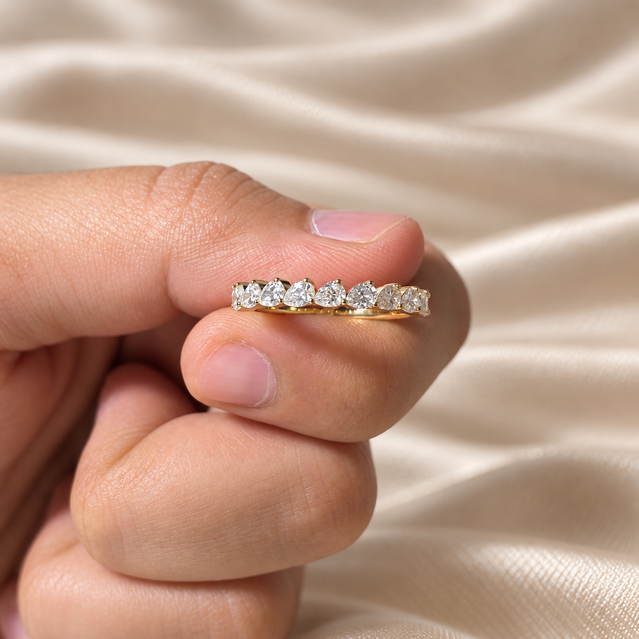 Pear Lab Grown Diamond Wedding Band Yellow Gold Band Elegant Minimalist Half Eternity Band