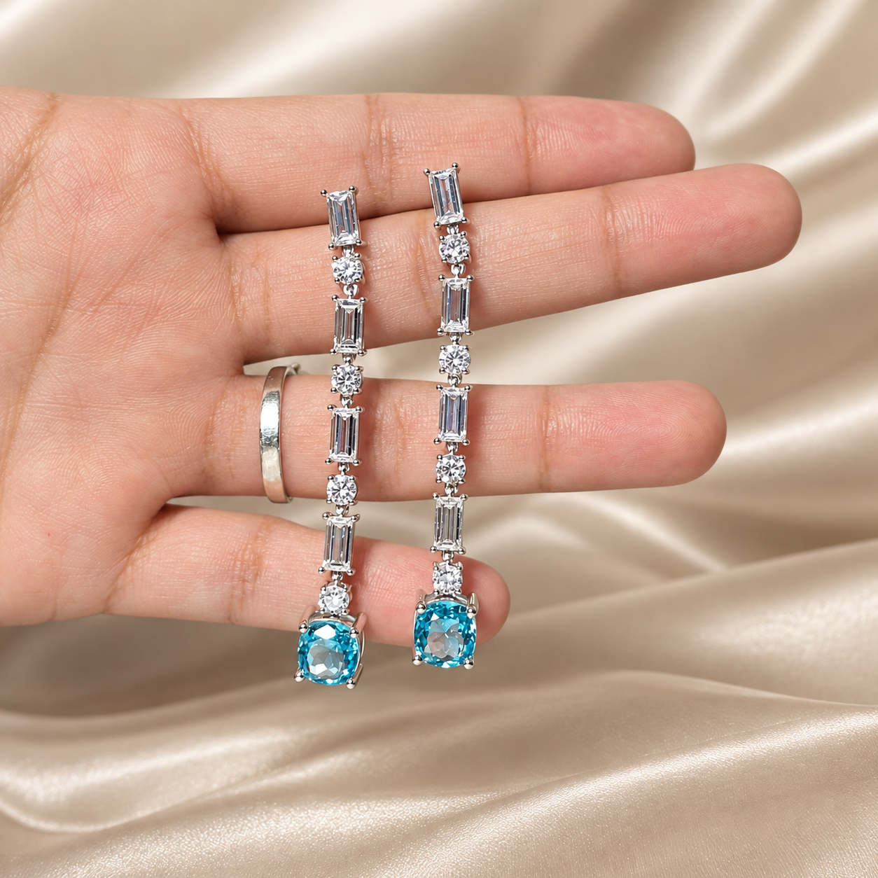 Blue Gemstone Drop Earrings with Round and Baguette Lab Grown Diamonds Elegant Bridal Jewelry