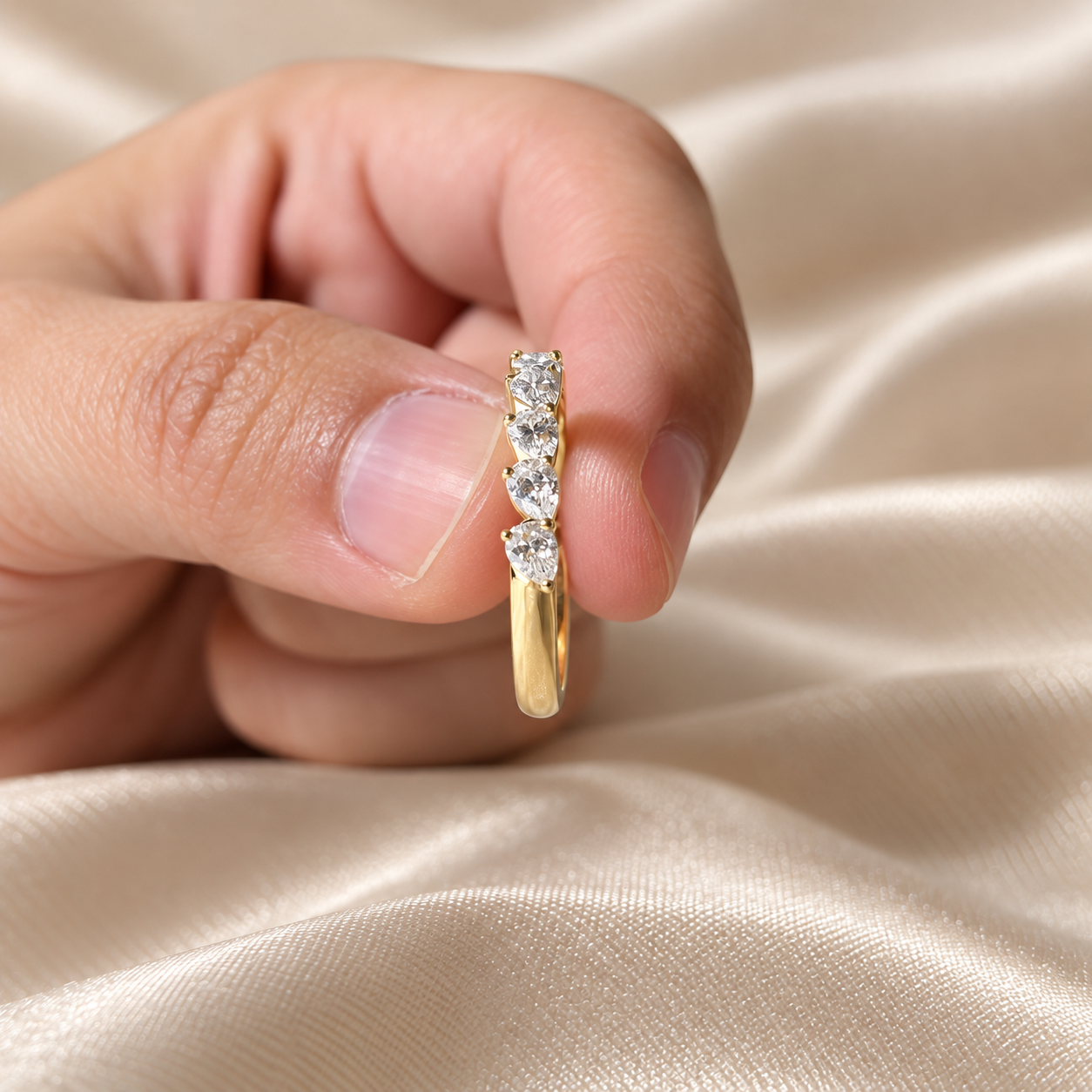 Pear Lab Grown Diamond Wedding Band Yellow Gold Band Elegant Minimalist Half Eternity Band