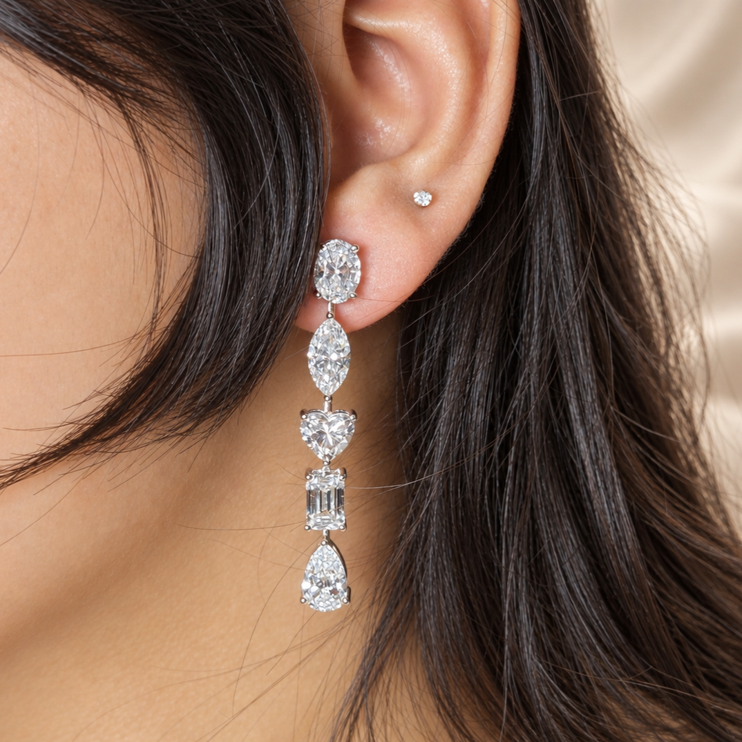 Multi shape Lab Grown Diamond Drop Earrings Mixed Cut Bridal Earrings Long Statement Jewelry