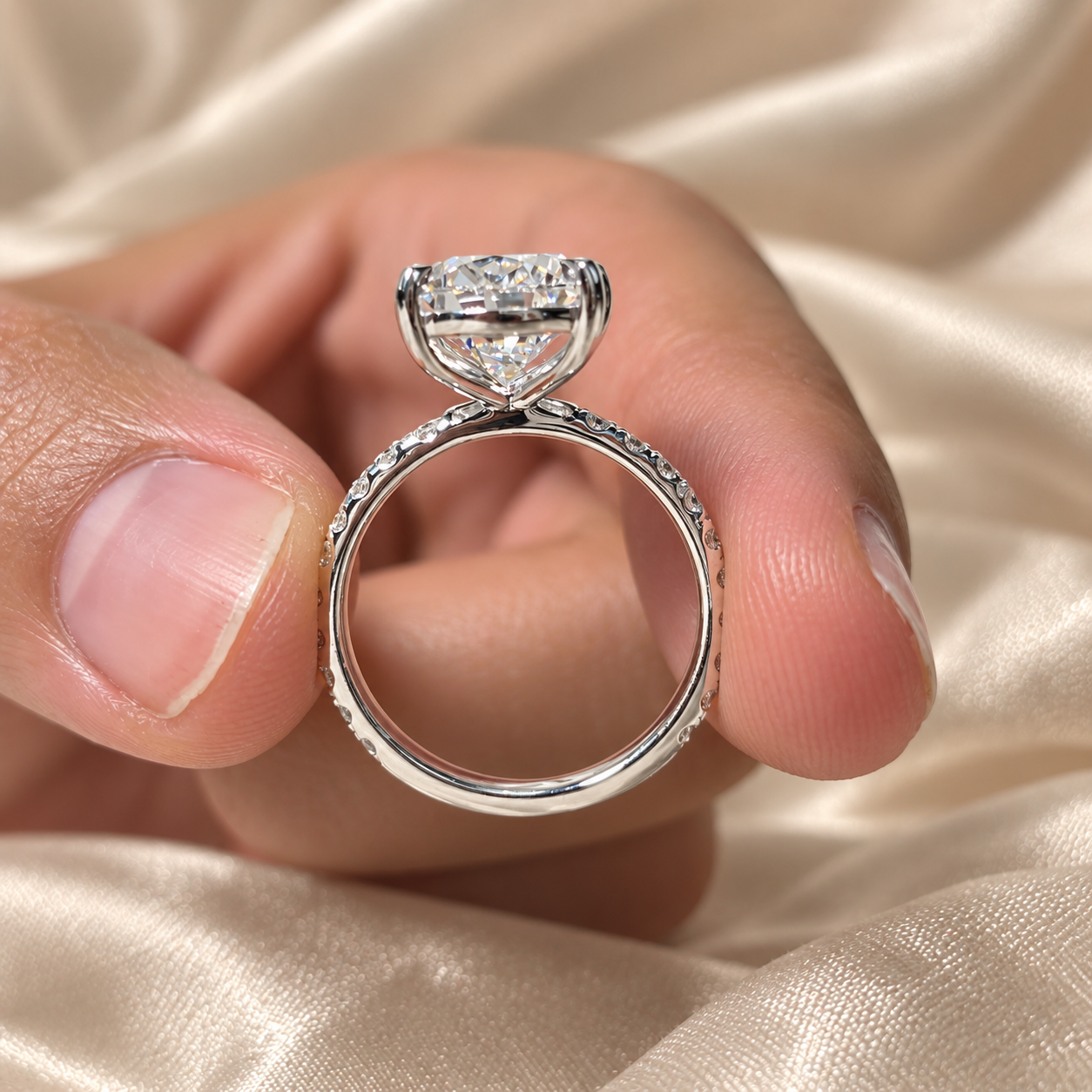 Pear Lab Grown Diamond Engagement Ring Pave Band Elegant Solitaire Bridal Custom Jewelry