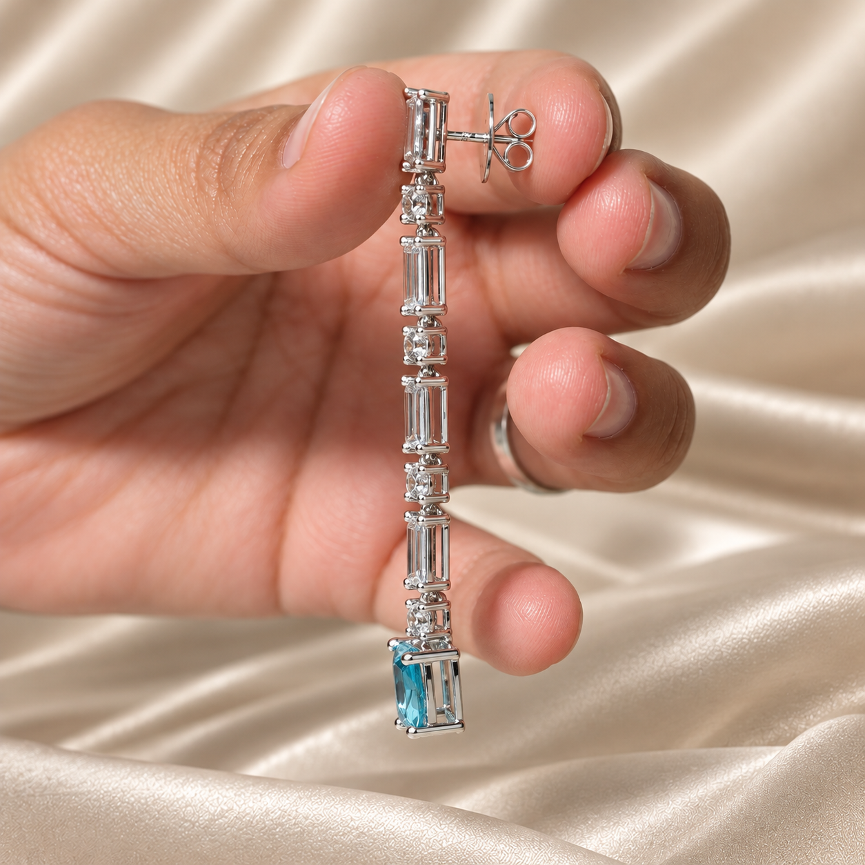 Blue Gemstone Drop Earrings with Round and Baguette Lab Grown Diamonds Elegant Bridal Jewelry