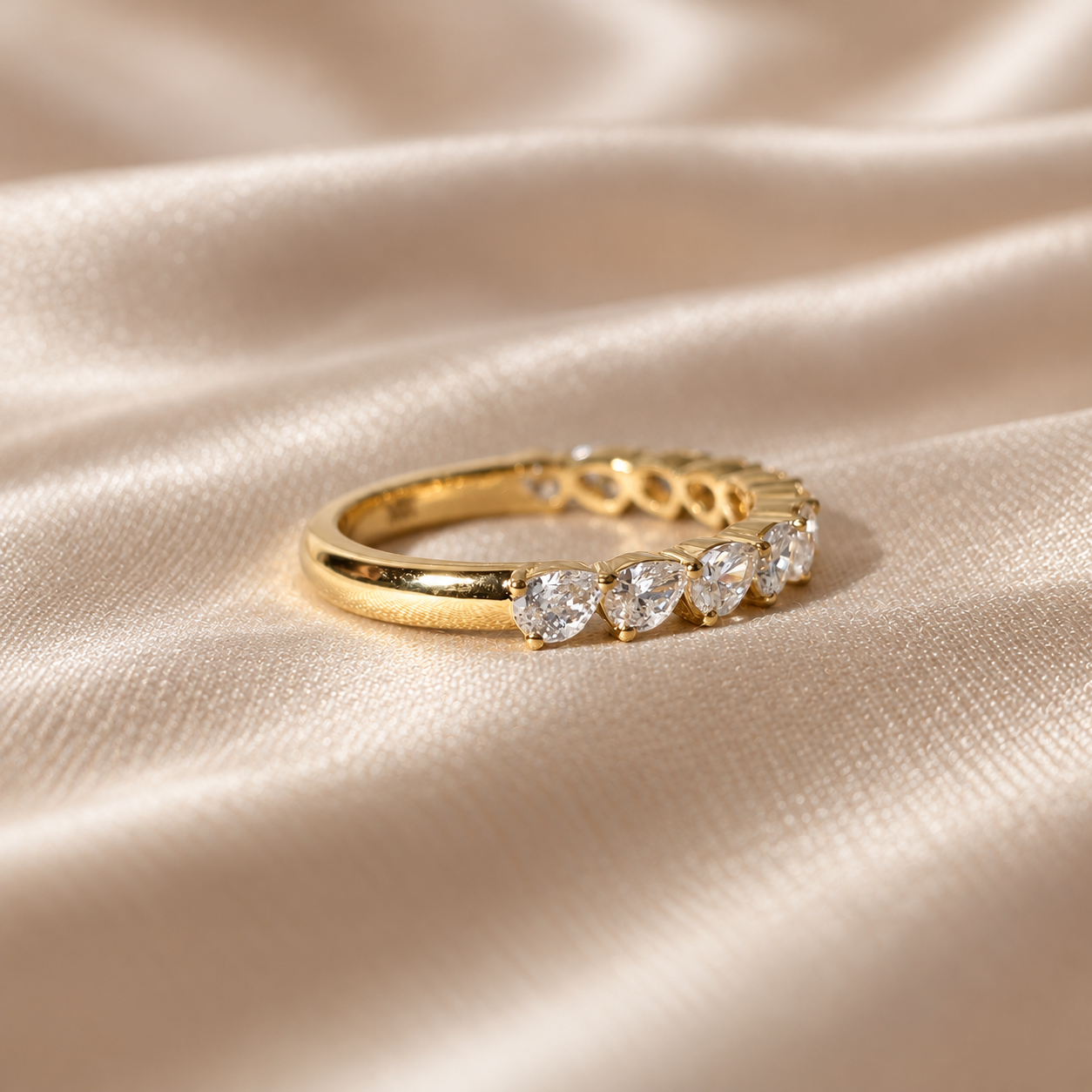 Pear Lab Grown Diamond Wedding Band Yellow Gold Band Elegant Minimalist Half Eternity Band