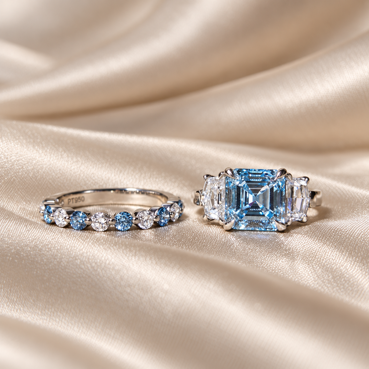 Blue Asscher Lab Grown Diamond Ring Set Elegant Wedding Ring Round Diamond Band Custom Bridal Ring Set