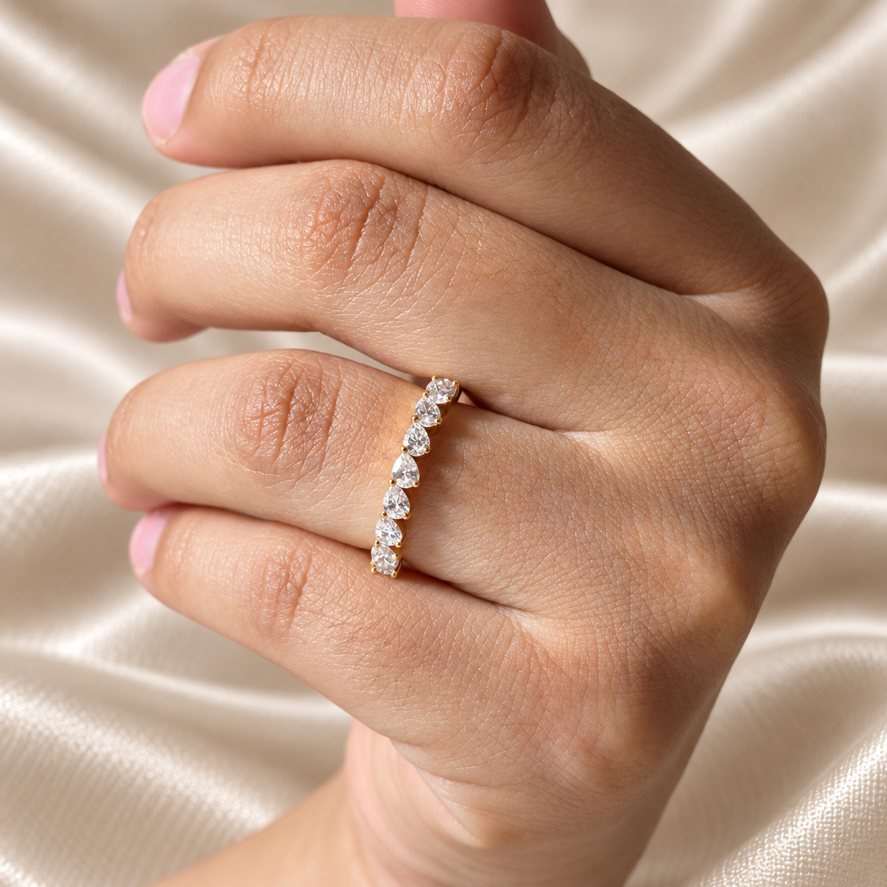 Pear Lab Grown Diamond Wedding Band Yellow Gold Band Elegant Minimalist Half Eternity Band