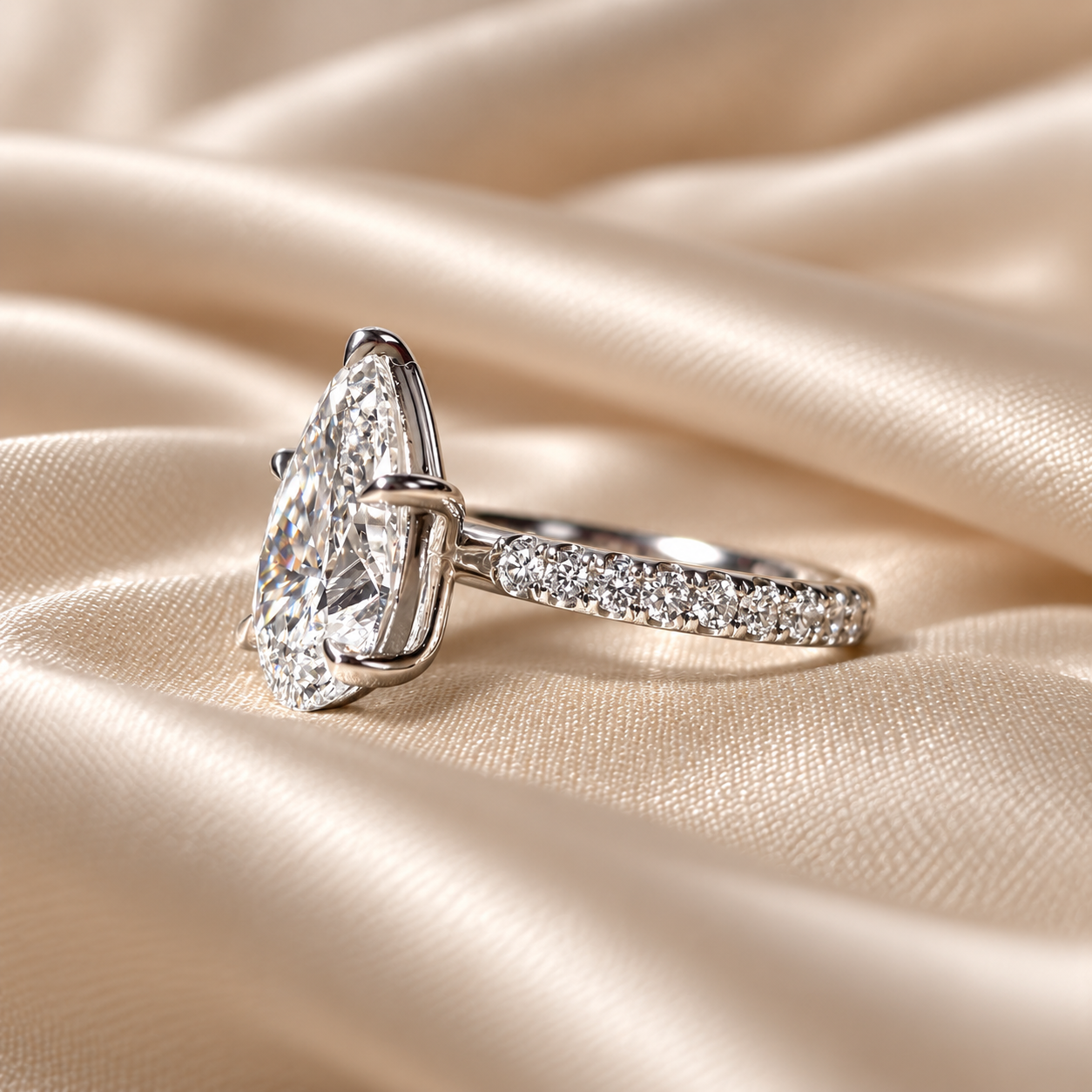 Pear Lab Grown Diamond Engagement Ring Pave Band Elegant Solitaire Bridal Custom Jewelry