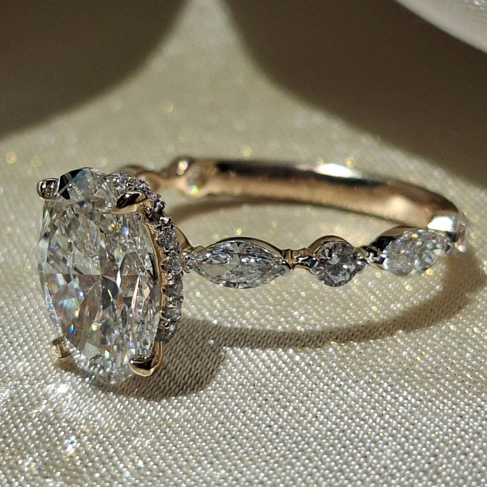 Oval Lab Grown Diamond Engagement Ring Marquise and Round Side Stone