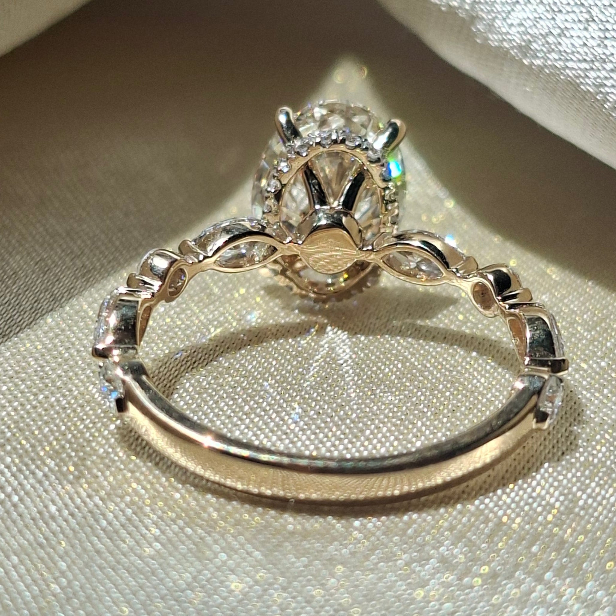 Oval Lab Grown Diamond Engagement Ring Marquise and Round Side Stone