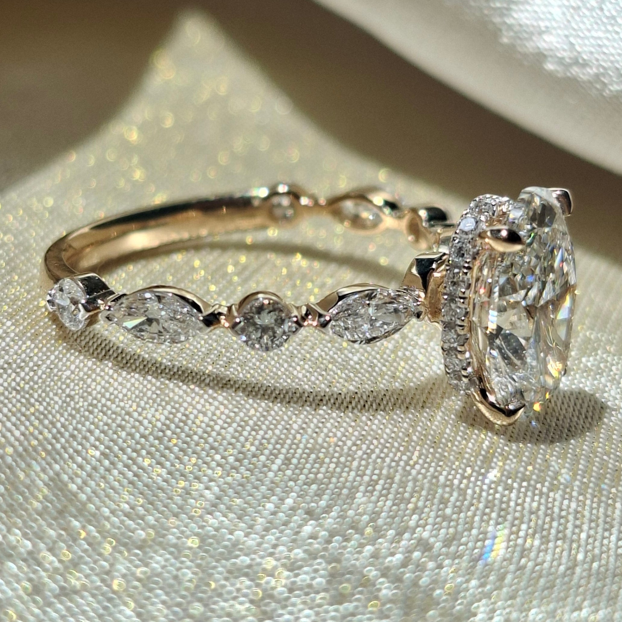 Oval Lab Grown Diamond Engagement Ring Marquise and Round Side Stone