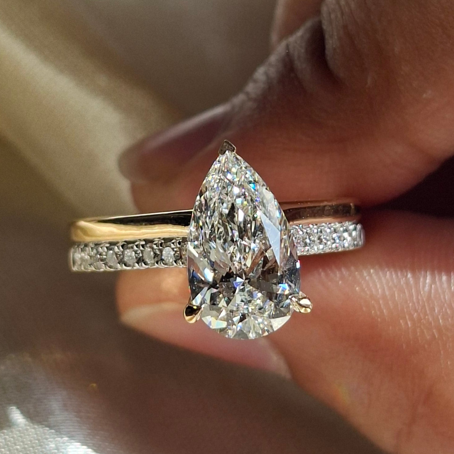 Pear Lab Grown Diamond Engagement Ring Handmade Teardrop Ring