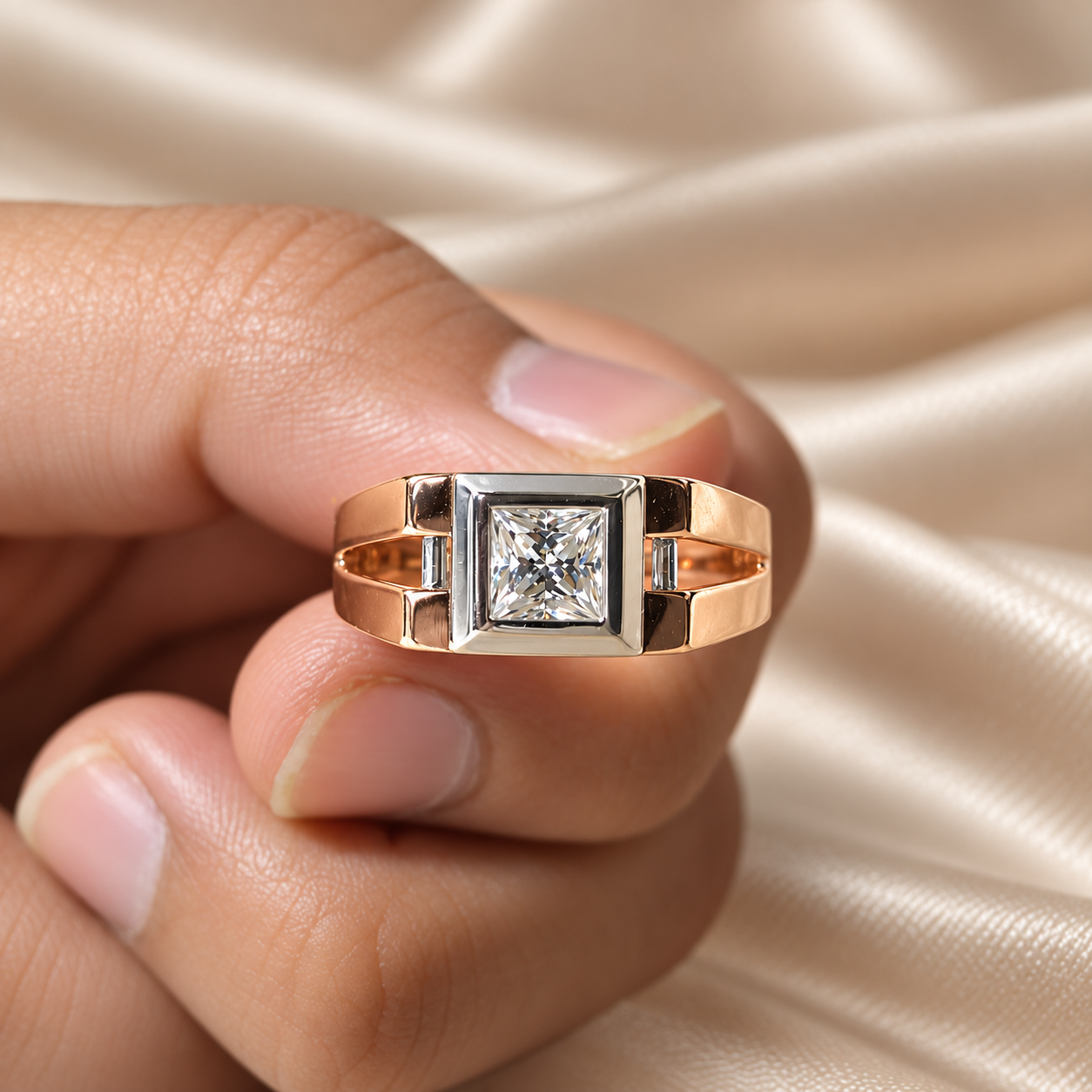 Princess Lab Grown Diamond Ring with Two Tone Gold Style Statement Ring