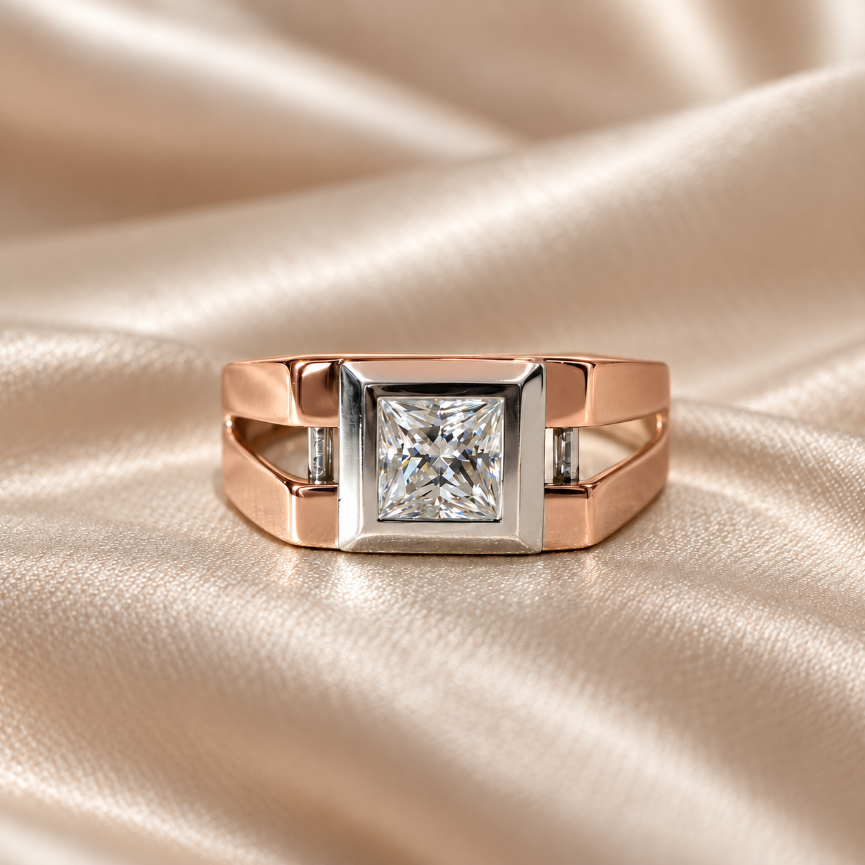 Princess Lab Grown Diamond Ring with Two Tone Gold Style Statement Ring