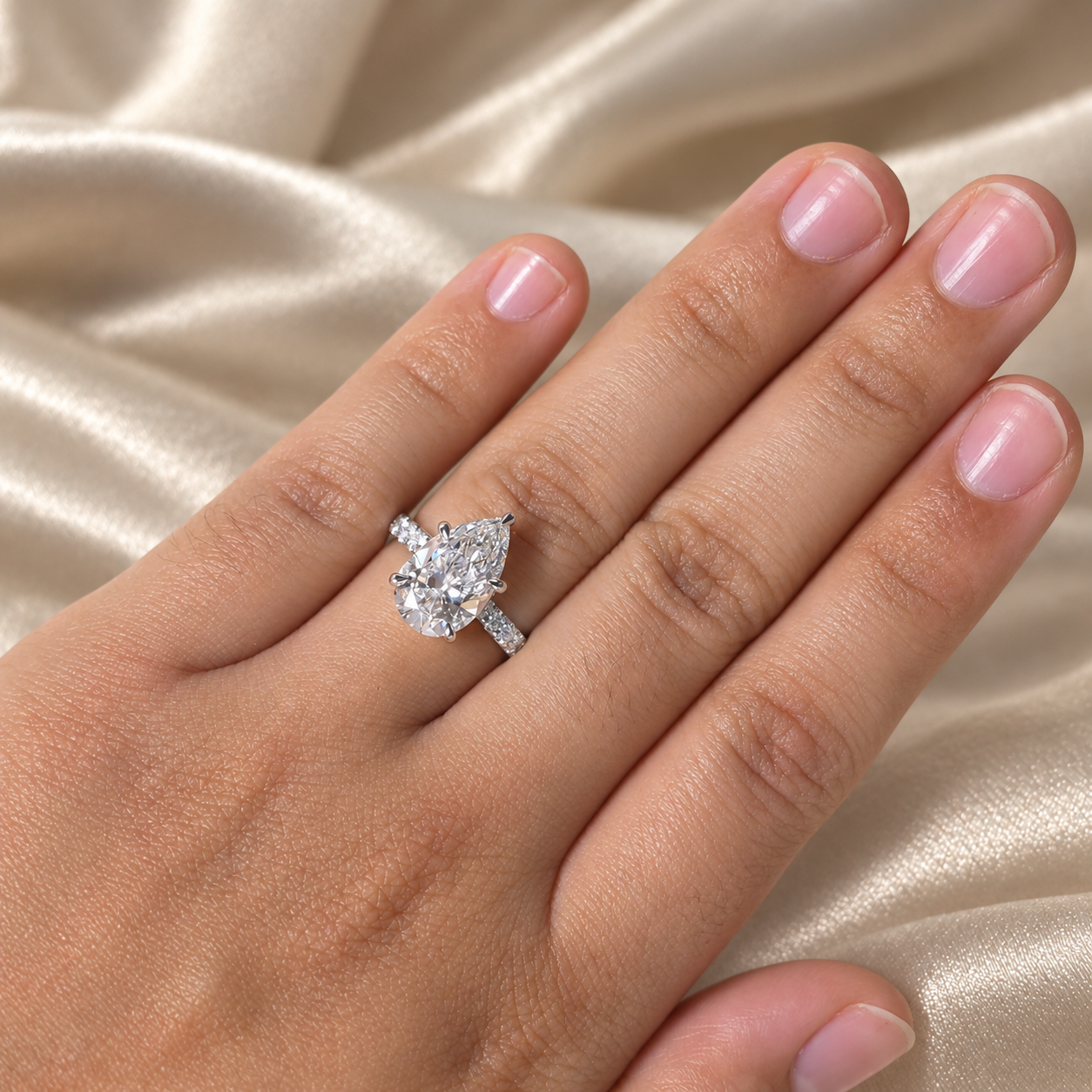 Pear Lab Grown Diamond Engagement Ring Pave Band Elegant Solitaire Bridal Custom Jewelry