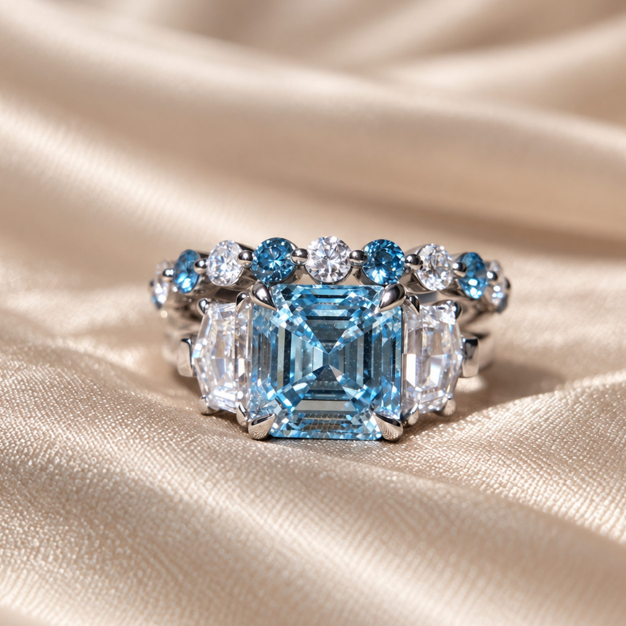 Blue Asscher Lab Grown Diamond Ring Set Elegant Wedding Ring Round Diamond Band Custom Bridal Ring Set