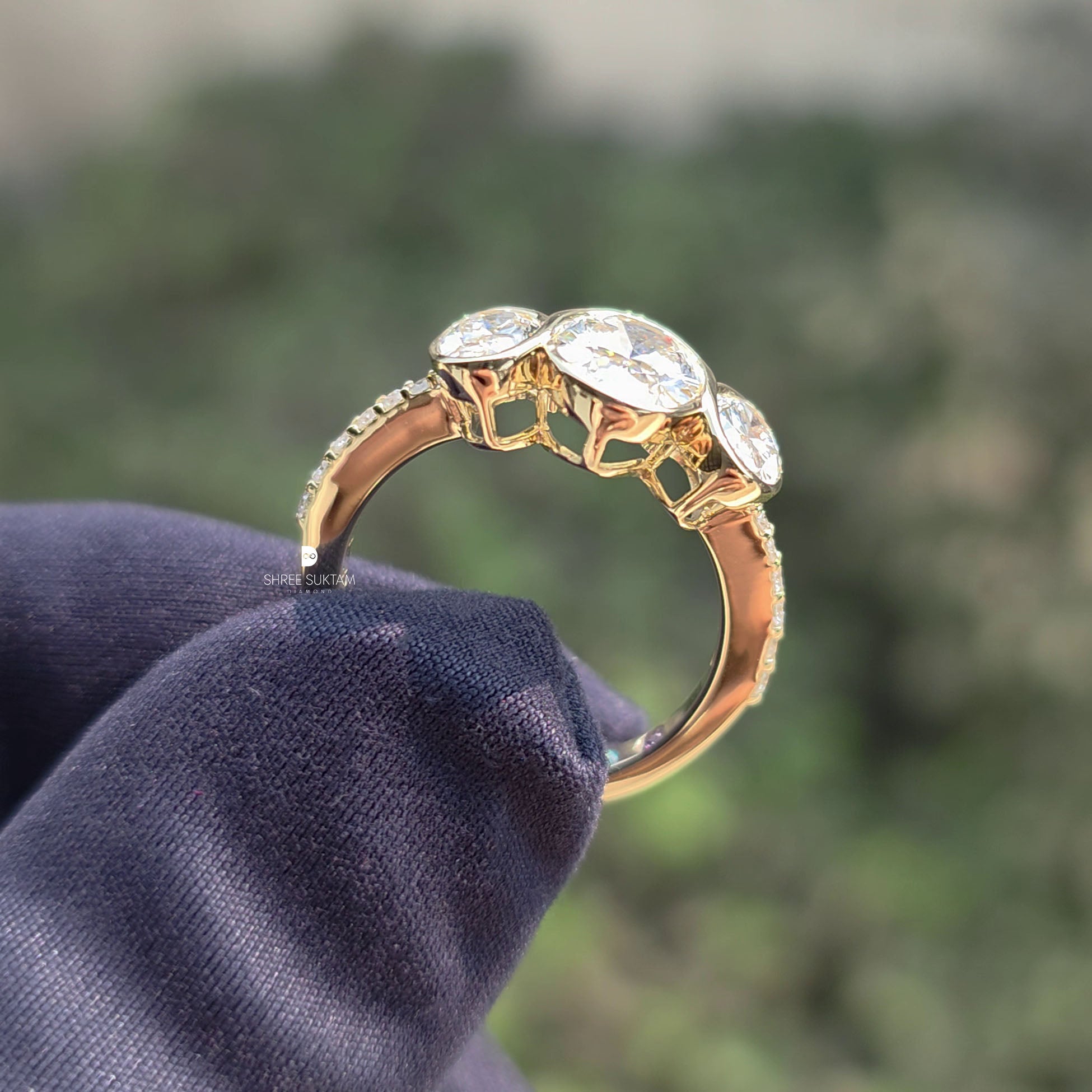 Oval Bezel Set Diamond Three Stone Ring Lab Grown Diamond Engagement Ring