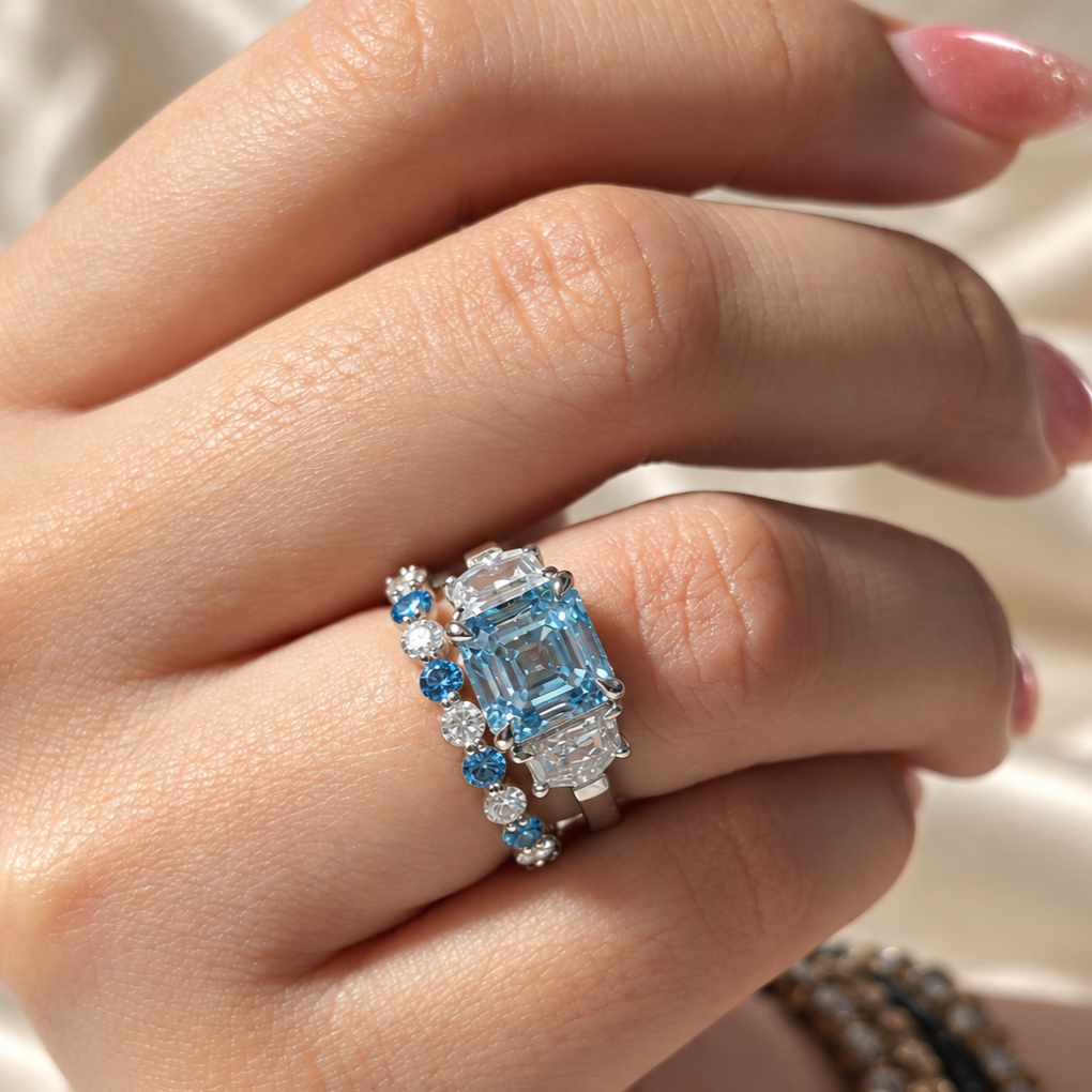 Blue Asscher Lab Grown Diamond Ring Set Elegant Wedding Ring Round Diamond Band Custom Bridal Ring Set