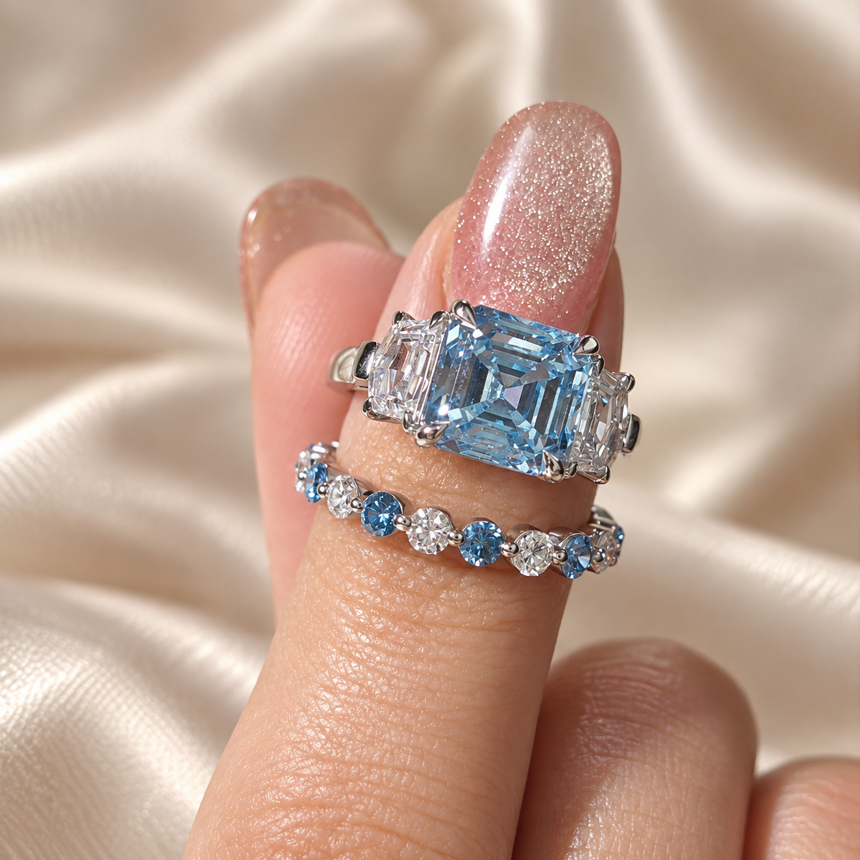 Blue Asscher Lab Grown Diamond Ring Set Elegant Wedding Ring Round Diamond Band Custom Bridal Ring Set