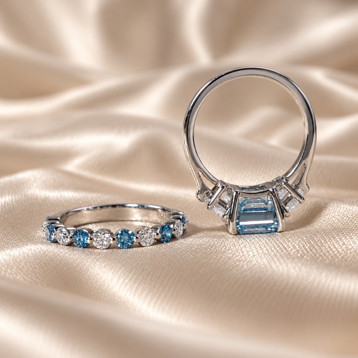 Blue Asscher Lab Grown Diamond Ring Set Elegant Wedding Ring Round Diamond Band Custom Bridal Ring Set