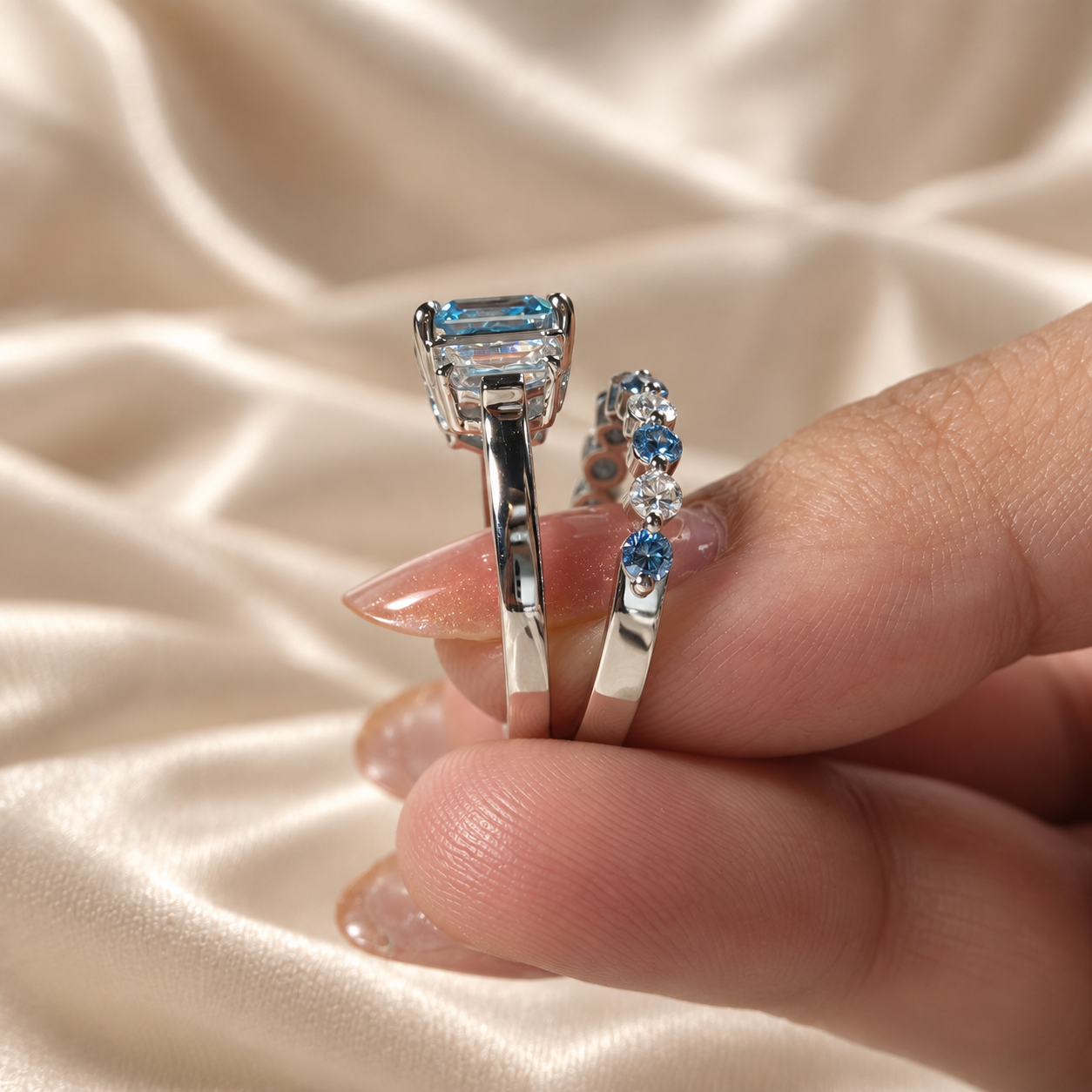 Blue Asscher Lab Grown Diamond Ring Set Elegant Wedding Ring Round Diamond Band Custom Bridal Ring Set