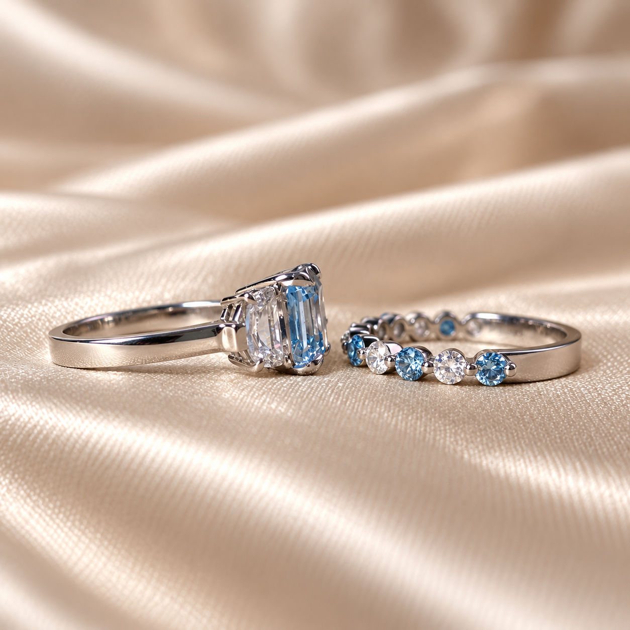 Blue Asscher Lab Grown Diamond Ring Set Elegant Wedding Ring Round Diamond Band Custom Bridal Ring Set