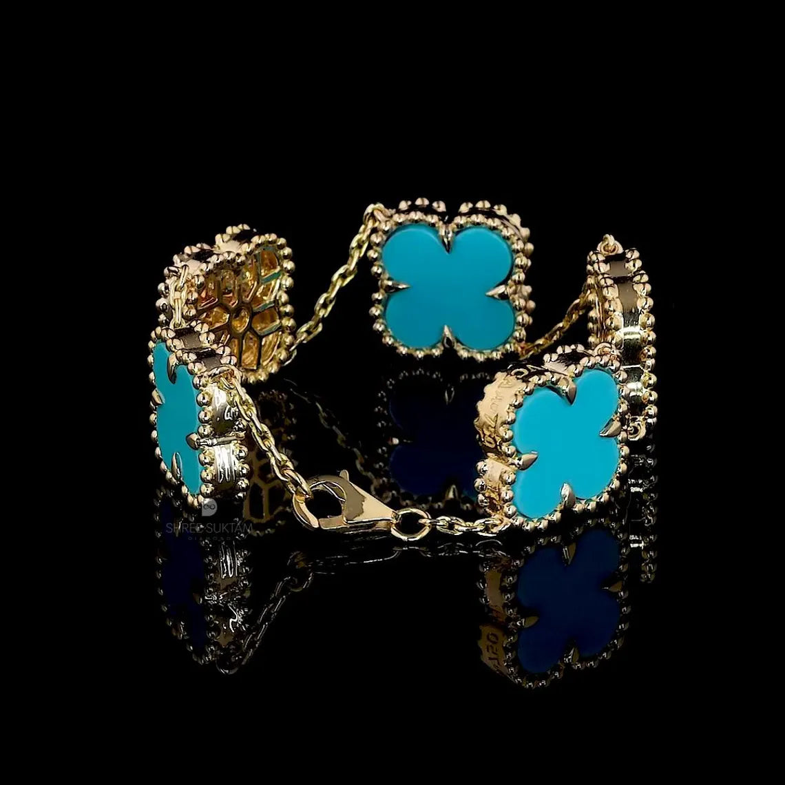 Turquoise Clover Gold Lab Grown Diamond Bracelet Van Clef Inspired Lucky Charm Handmade Jewelry