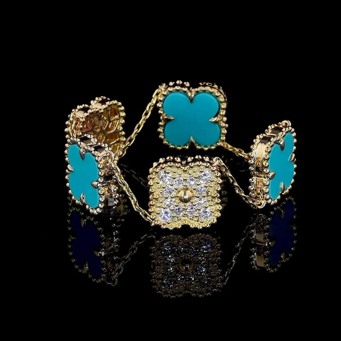 Turquoise Clover Gold Lab Grown Diamond Bracelet Van Clef Inspired Lucky Charm Handmade Jewelry