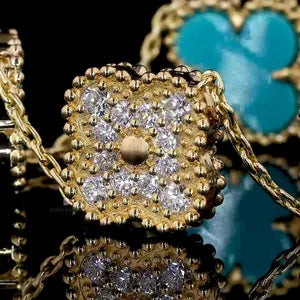 Turquoise Clover Gold Lab Grown Diamond Bracelet Van Clef Inspired Lucky Charm Handmade Jewelry