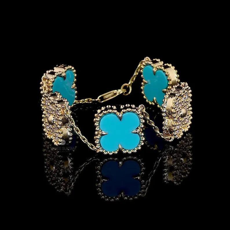 Turquoise Clover Gold Lab Grown Diamond Bracelet Van Clef Inspired Lucky Charm Handmade Jewelry