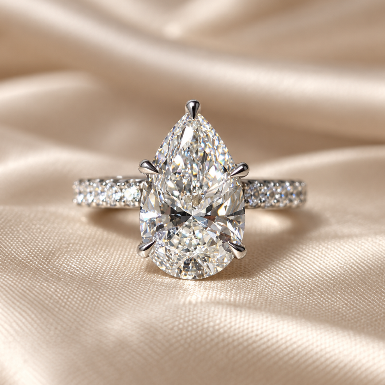 Pear Lab Grown Diamond Engagement Ring Pave Band Elegant Solitaire Bridal Custom Jewelry